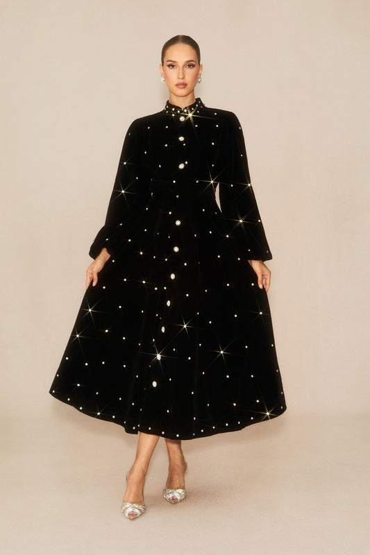 Black Velvet Midi Dress with Crystal Embellishments