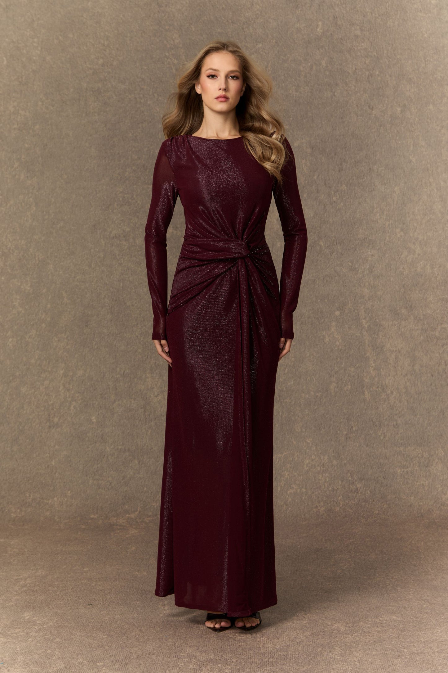 Burgundy Twist Knot Maxi Dress with Asymmetric Draping