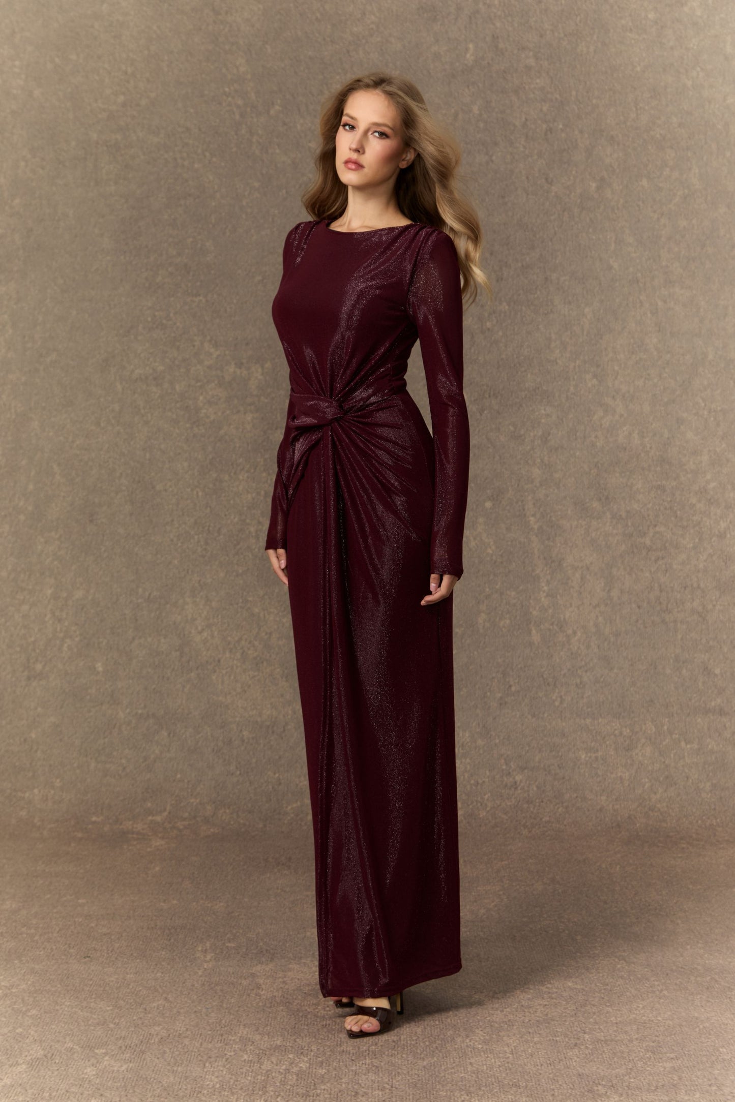Burgundy Twist Knot Maxi Dress with Asymmetric Draping