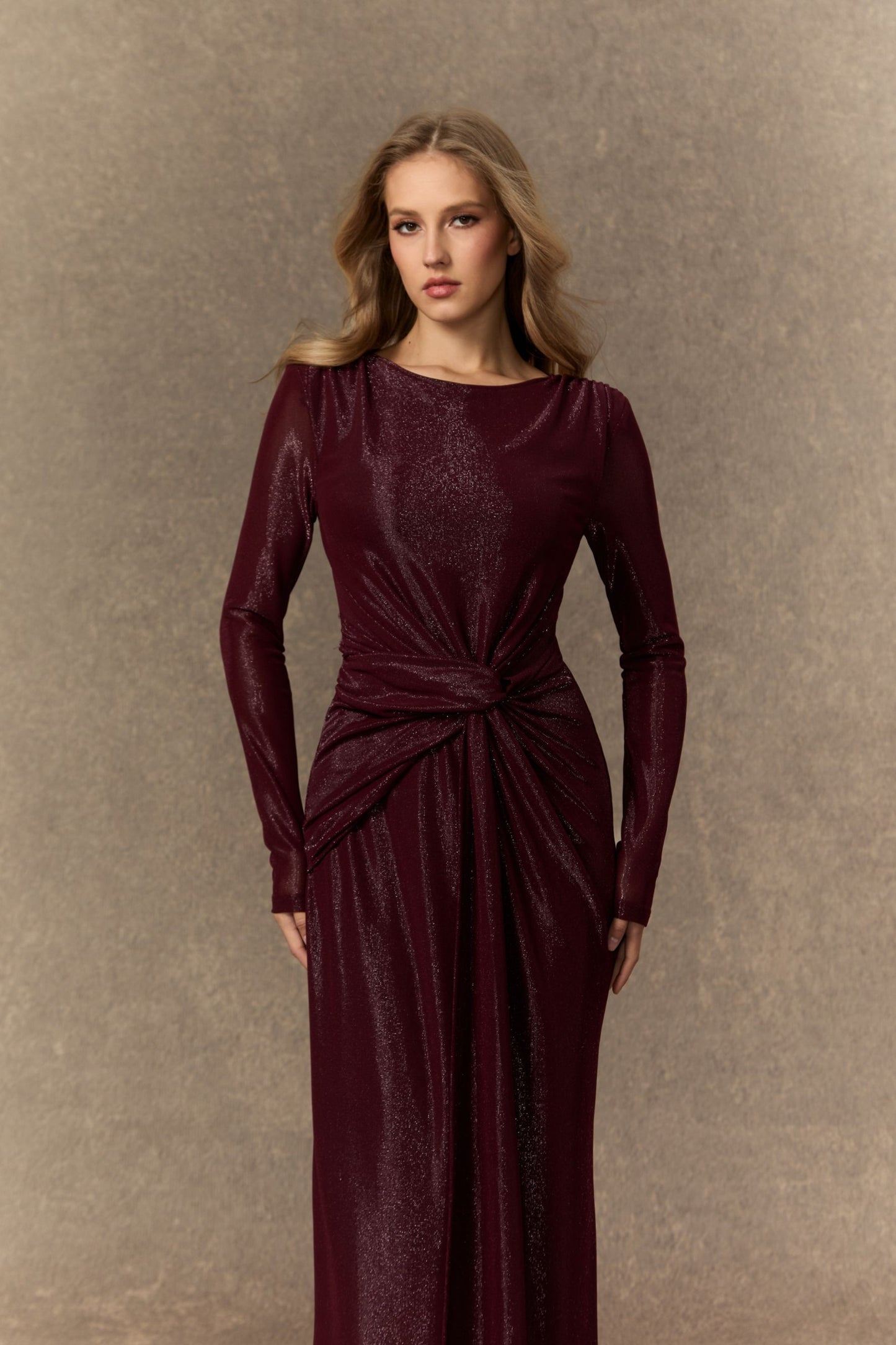 Burgundy Twist Knot Maxi Dress with Asymmetric Draping