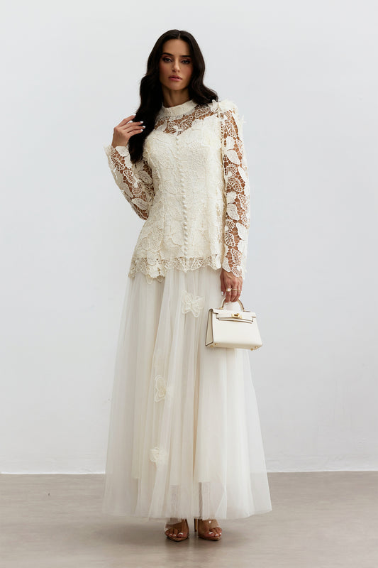 Butterfly Embroidered Lace Maxi Dress