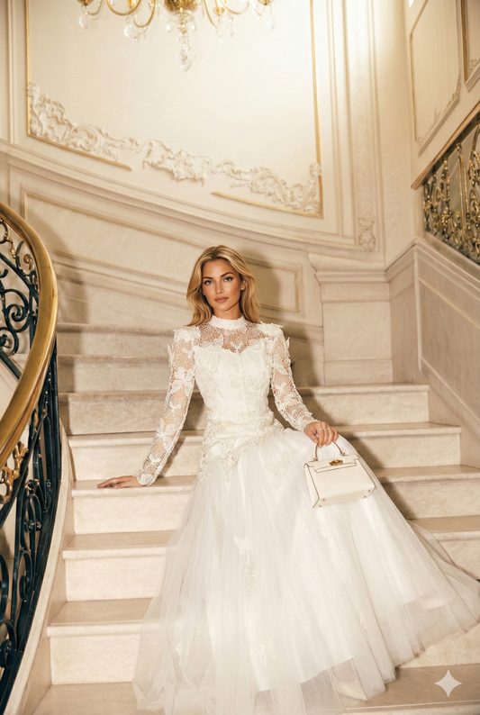 فستان ماكسي من الدانتيل المطرز بالفراشات