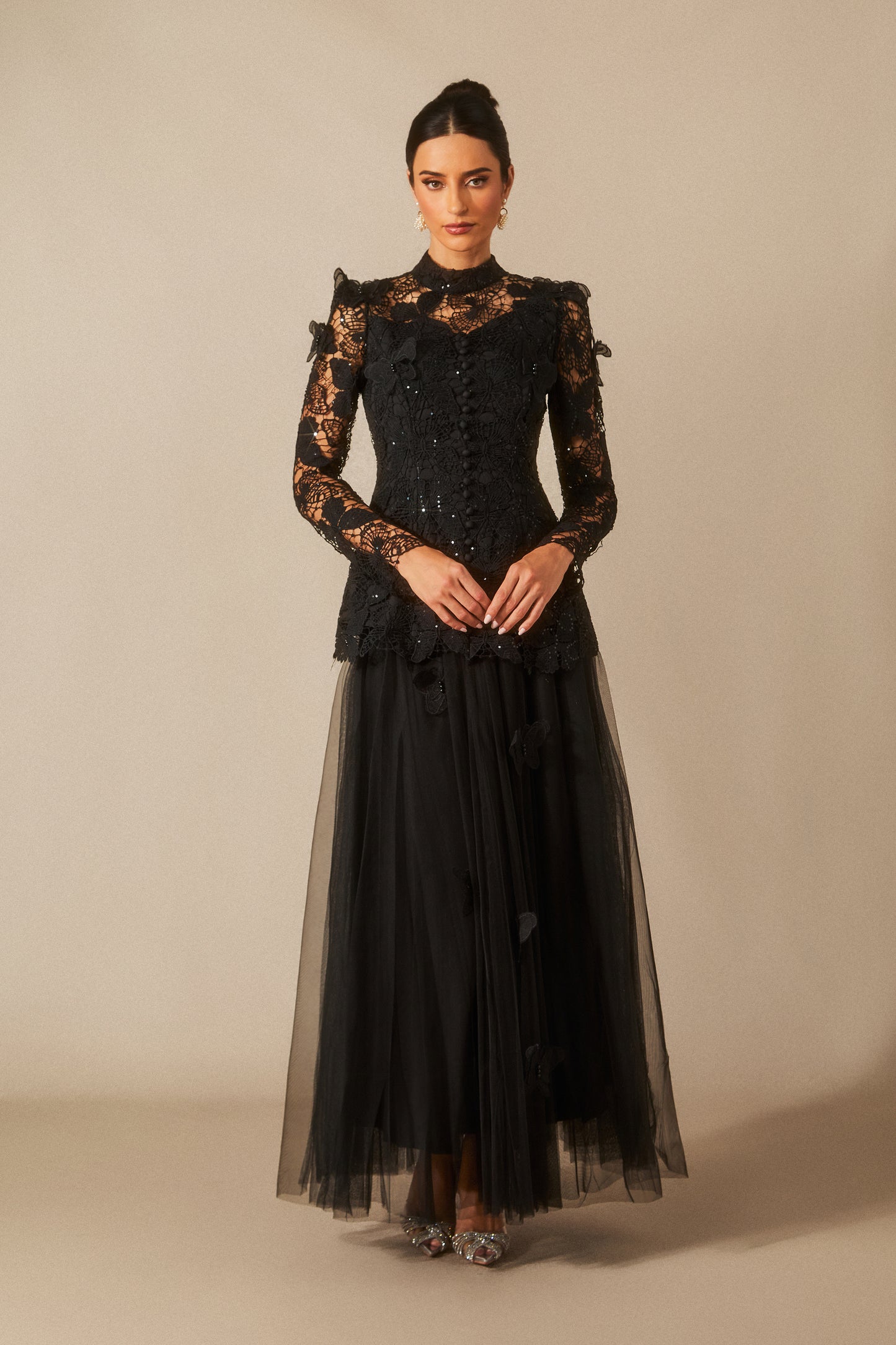 Butterfly Embroidered Lace Maxi Dress