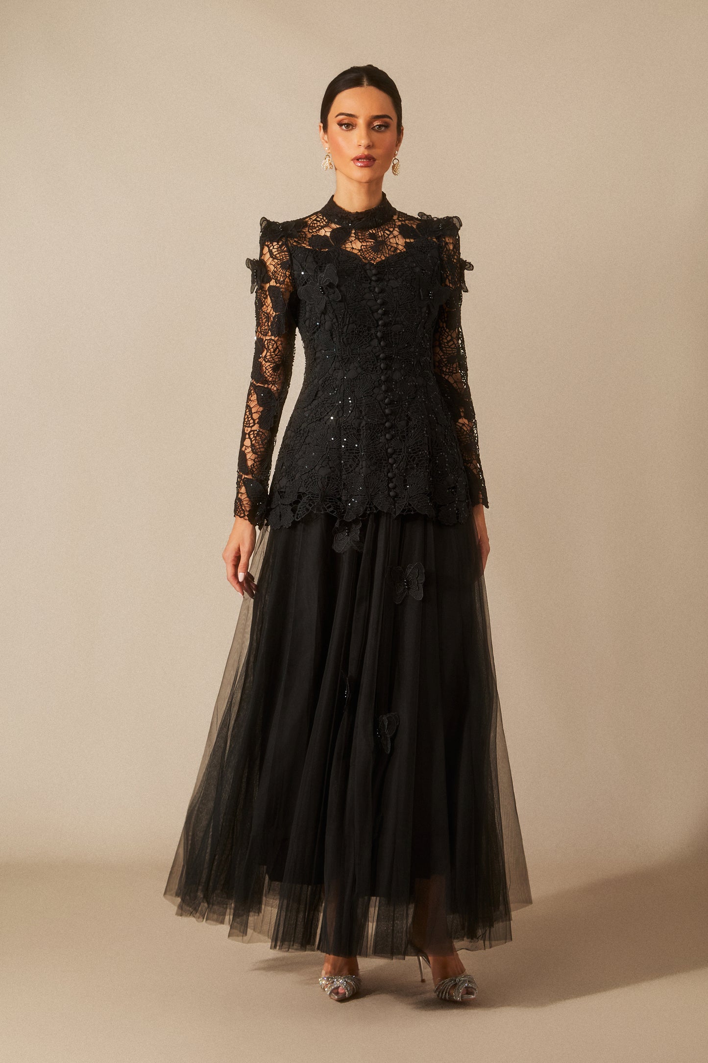 Butterfly Embroidered Lace Maxi Dress