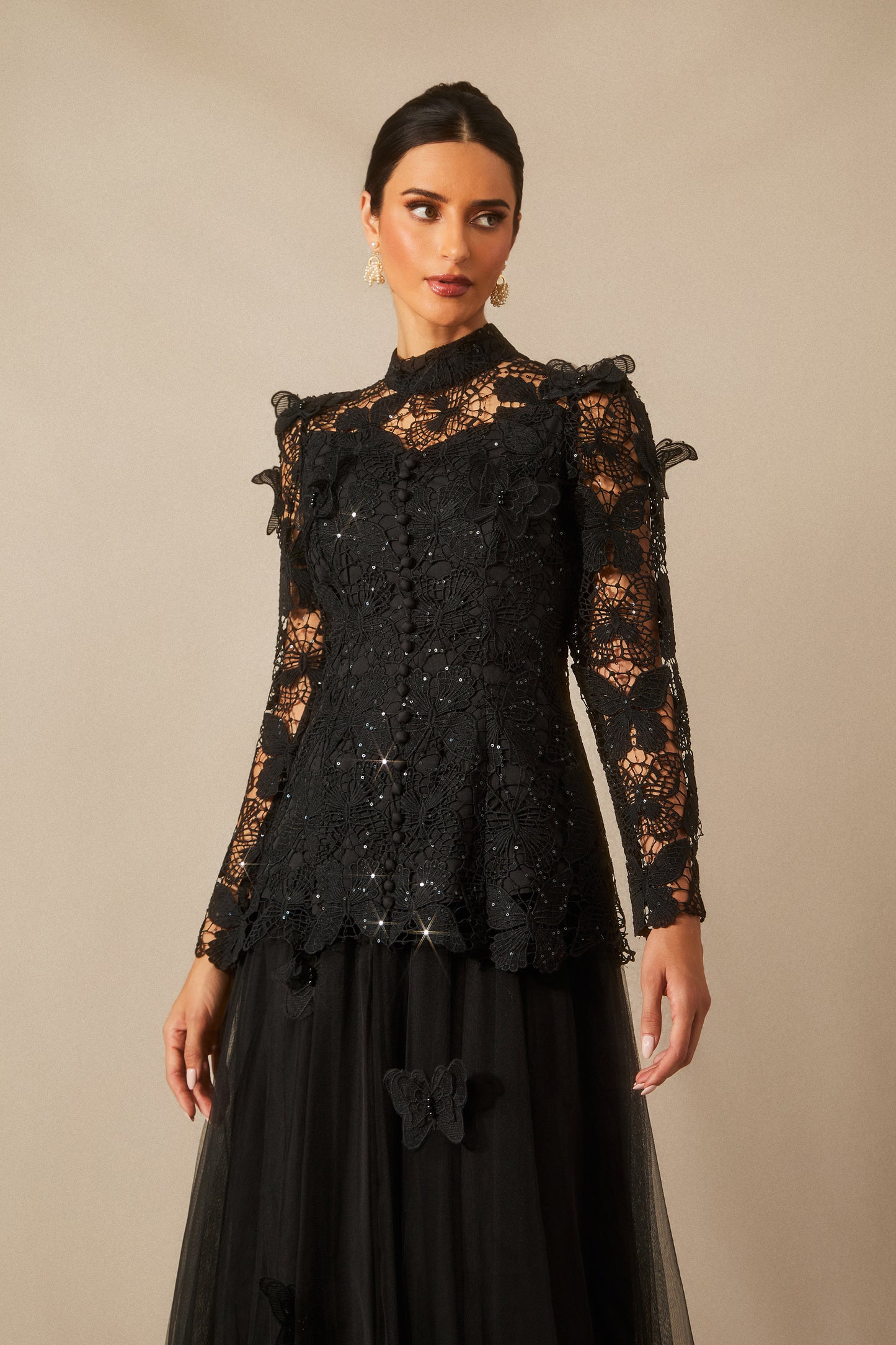 Butterfly Embroidered Lace Maxi Dress