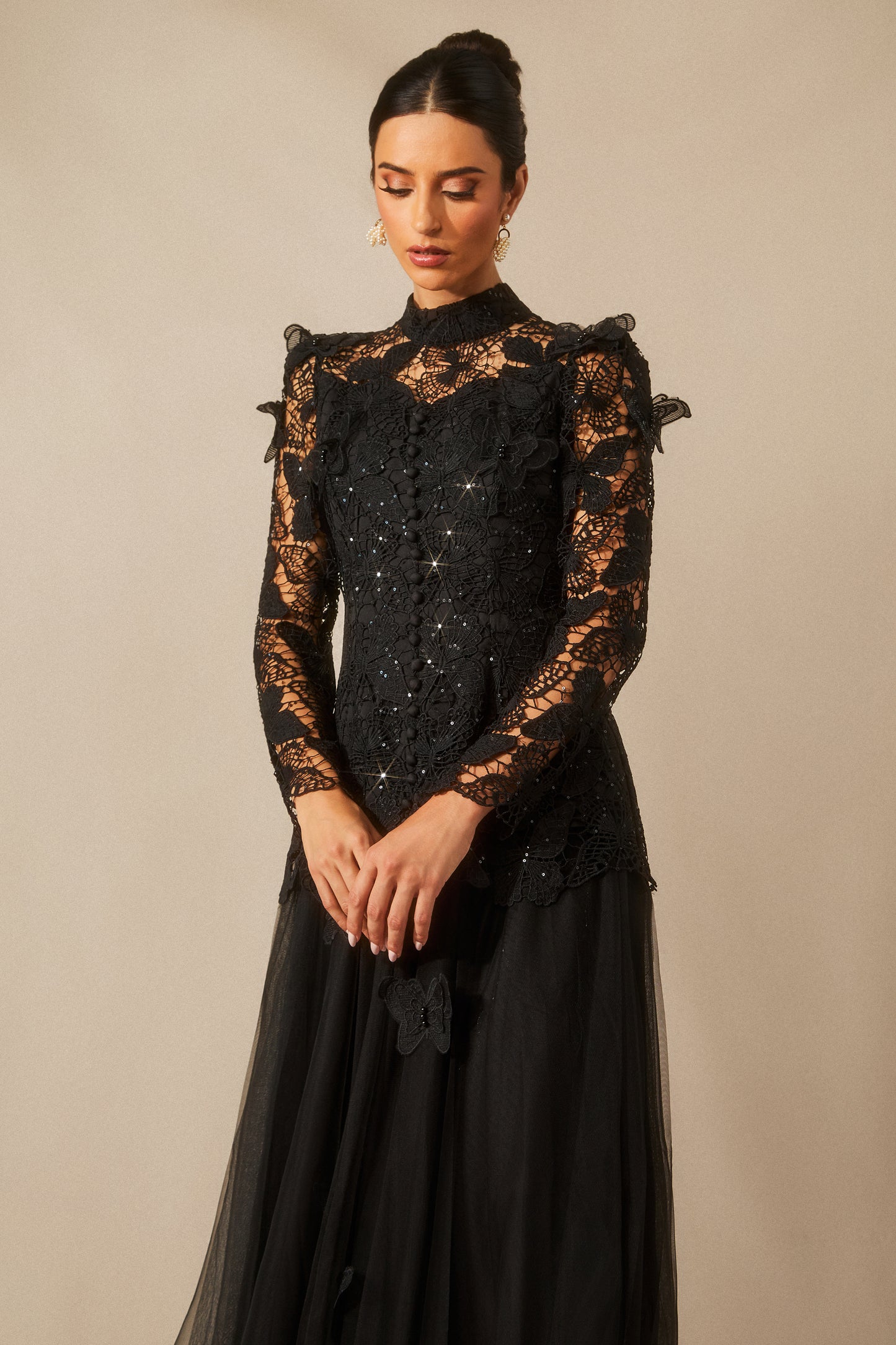 Butterfly Embroidered Lace Maxi Dress