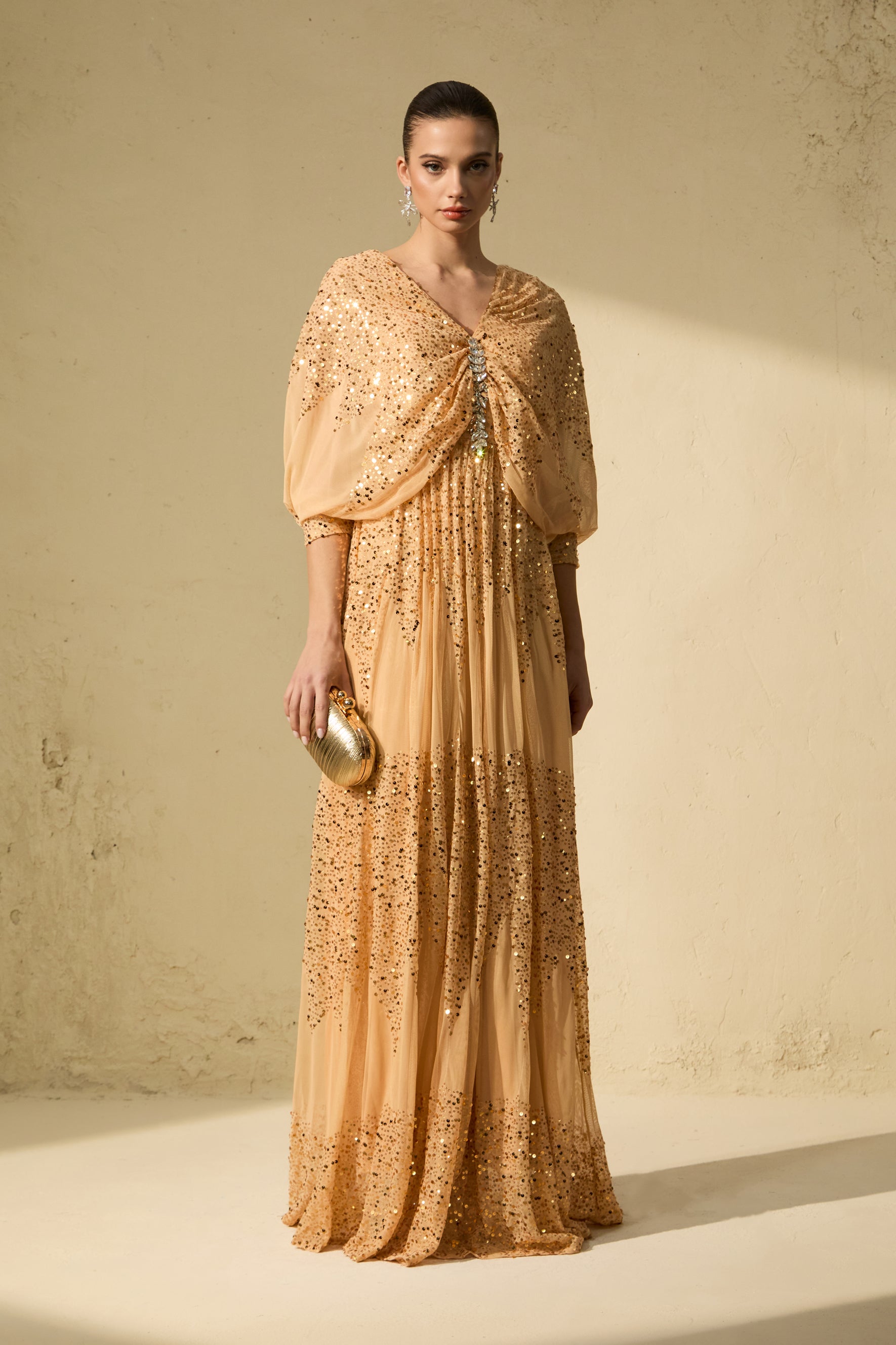 Champagne Gold Sequin V-Neck Maxi Dress