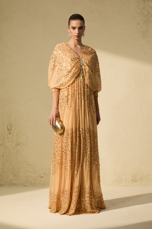 Champagne Gold Sequin V-Neck Maxi Dress