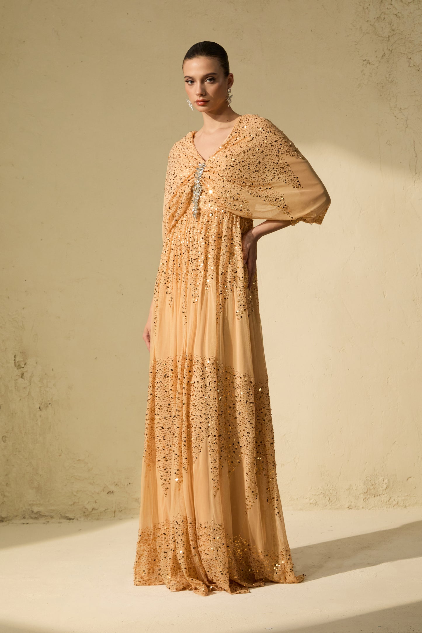 Champagne Gold Sequin V-Neck Maxi Dress