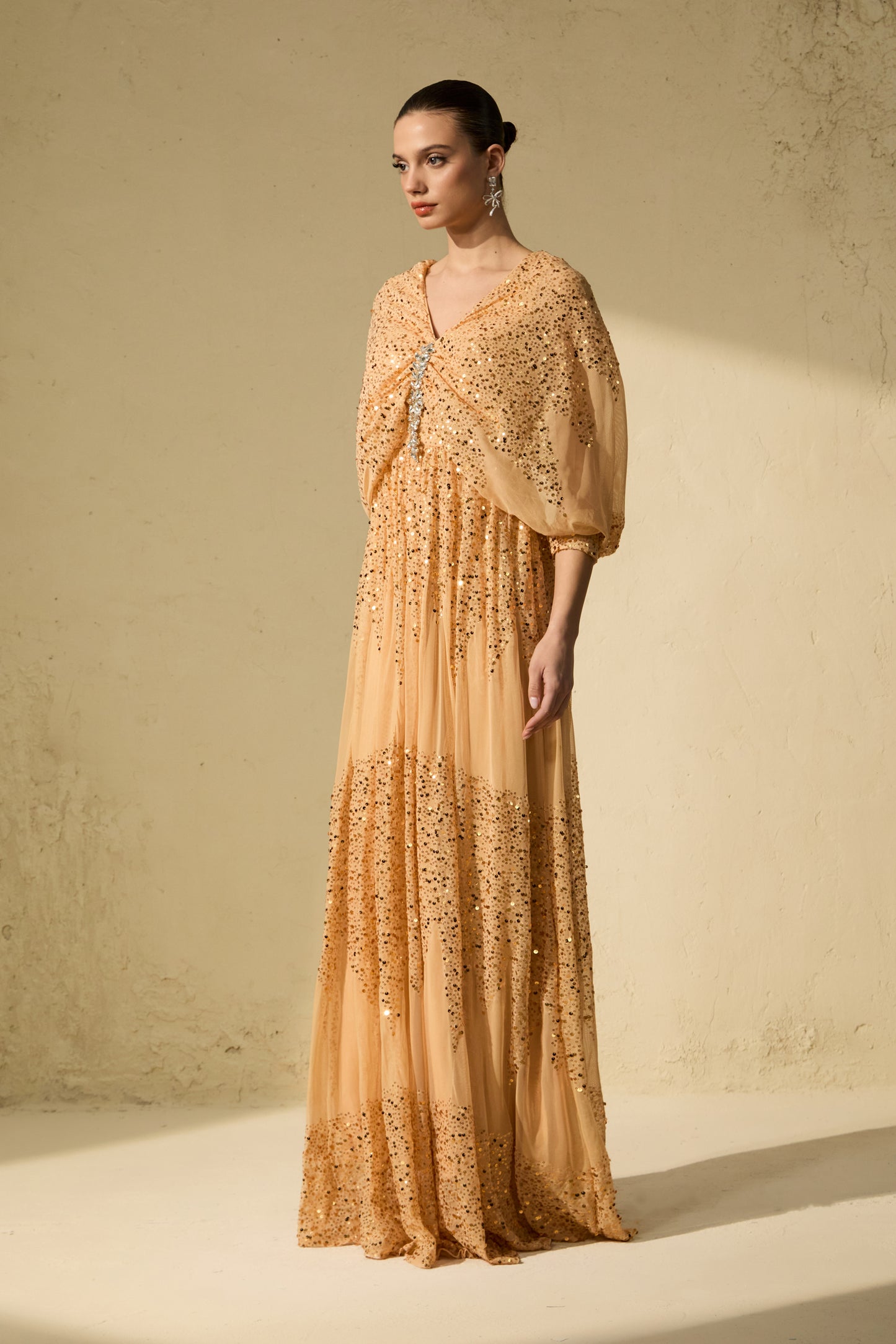 Champagne Gold Sequin V-Neck Maxi Dress