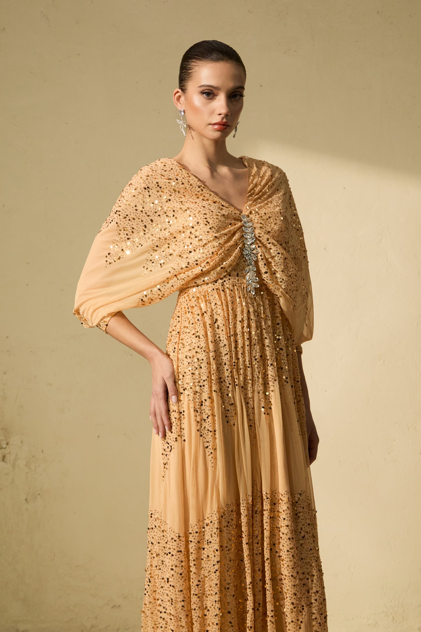 Champagne Gold Sequin V-Neck Maxi Dress