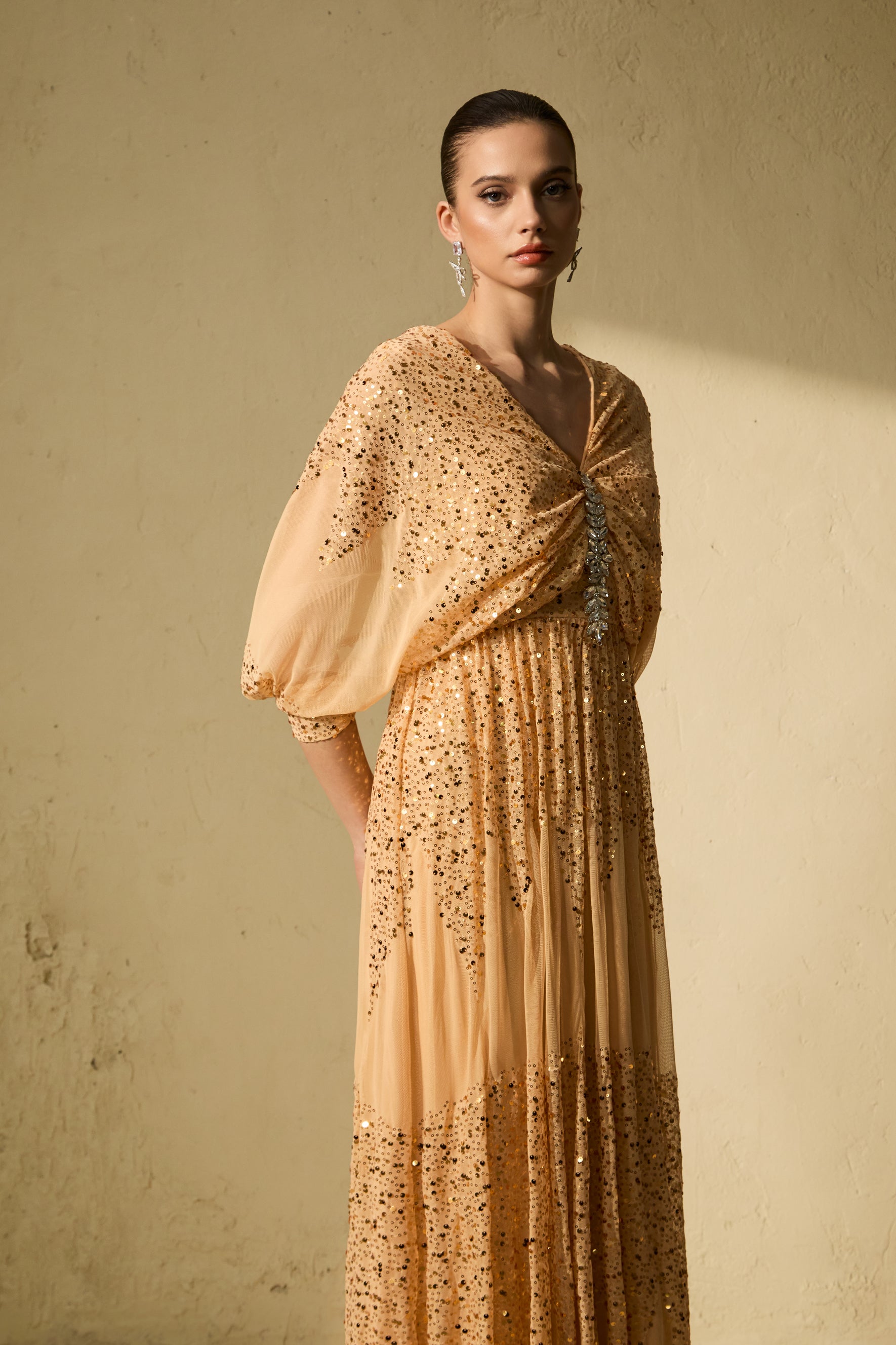 Champagne Gold Sequin V-Neck Maxi Dress