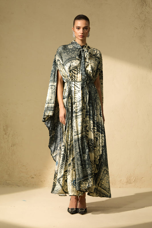 Chic Beige Cape Sleeve Maxi Dress