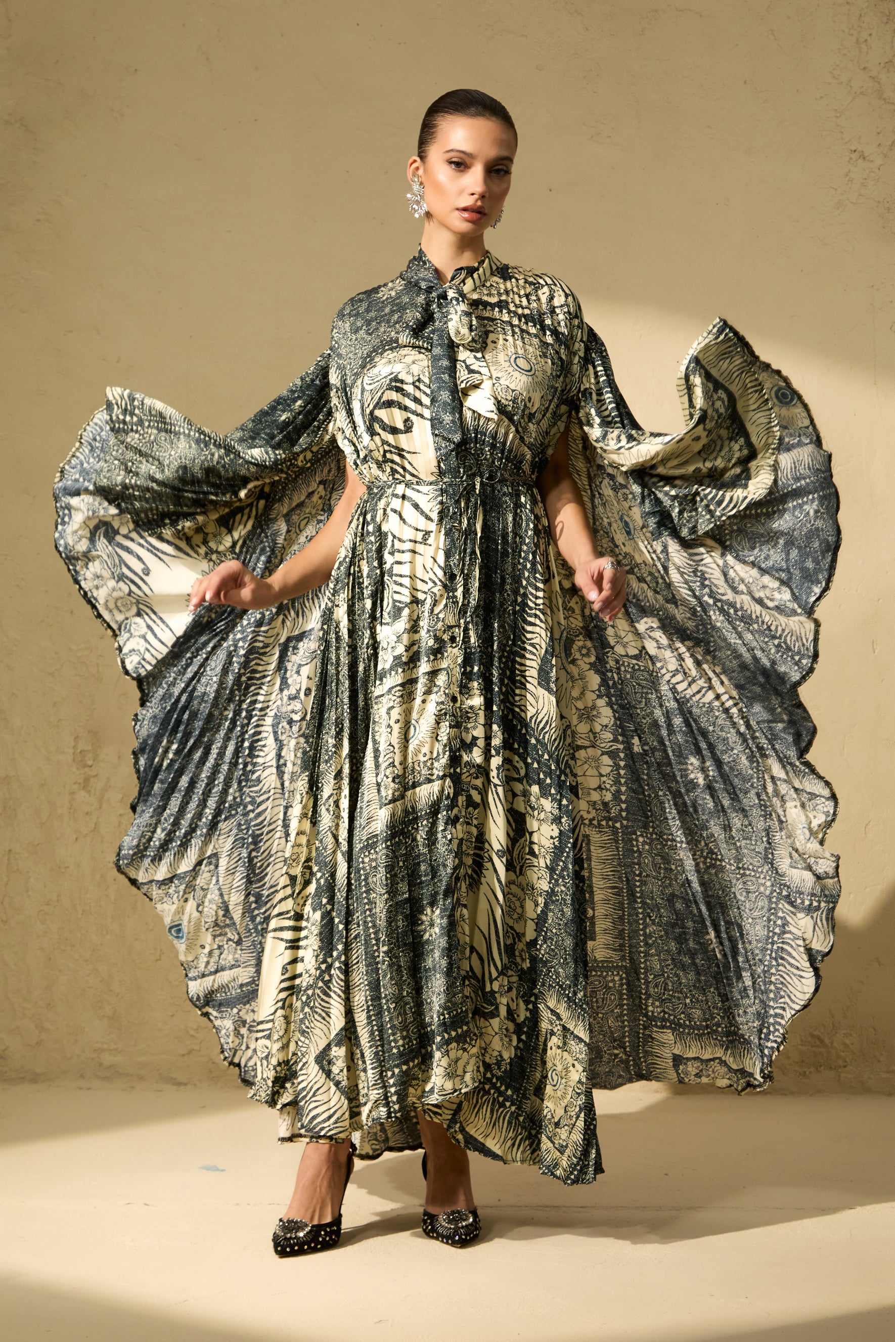 Chic Beige Cape Sleeve Maxi Dress