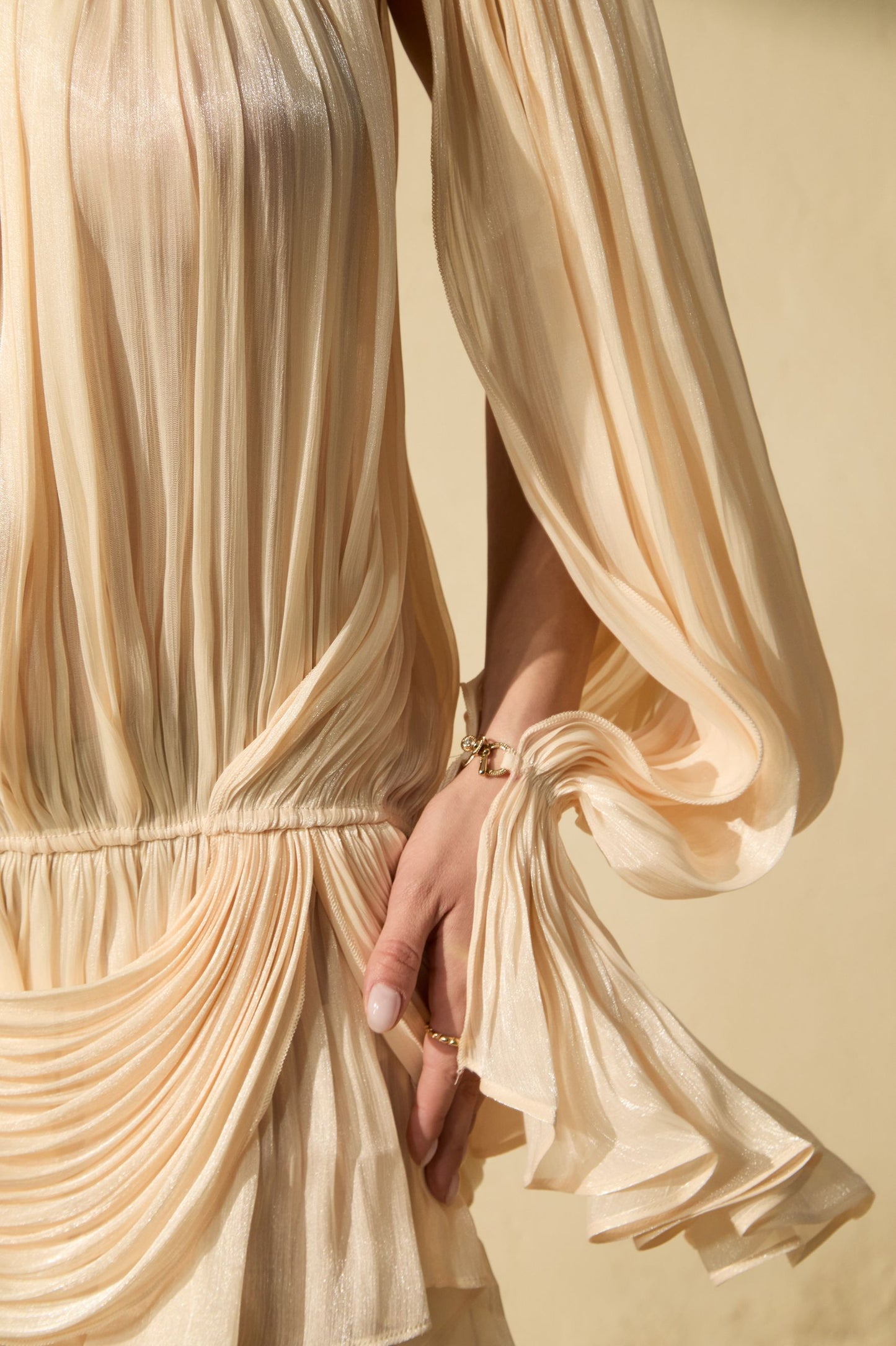 Chic Beige Puff Sleeve Ruffle Hem Mini Dress