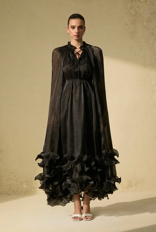 Chic Black Ruffled Midi Dress with Cape Detail