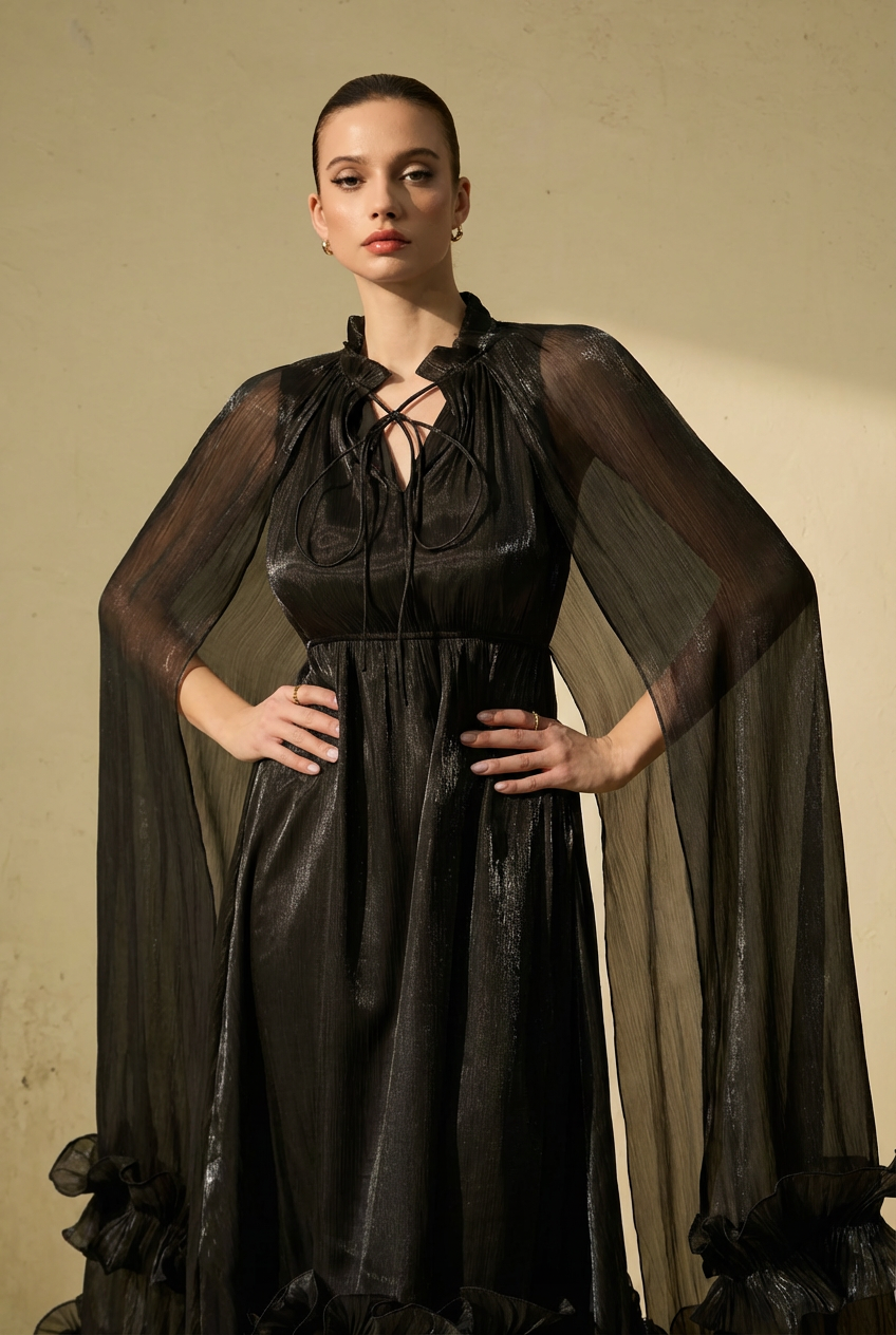 Chic Black Ruffled Midi Dress with Cape Detail