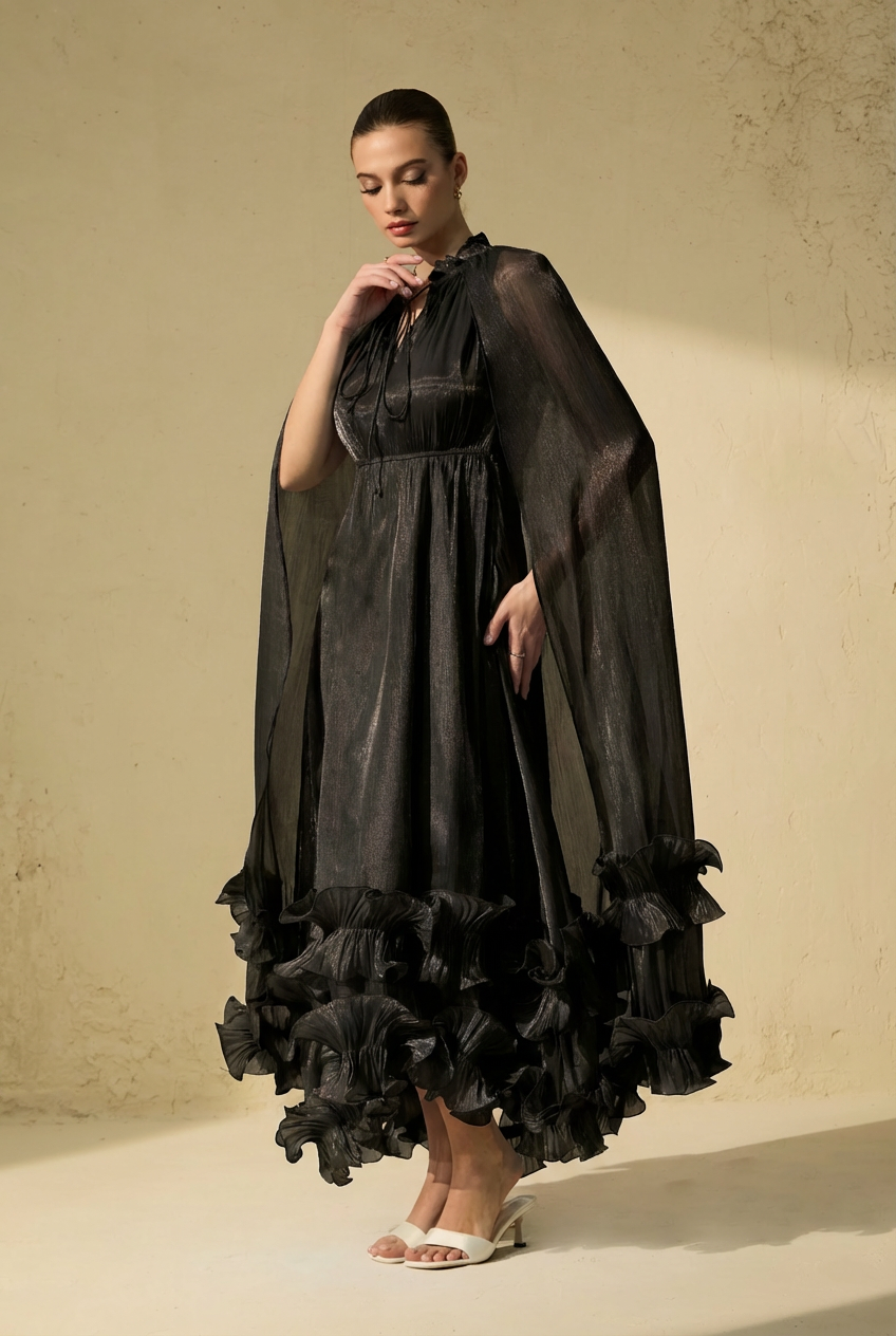 Chic Black Ruffled Midi Dress with Cape Detail
