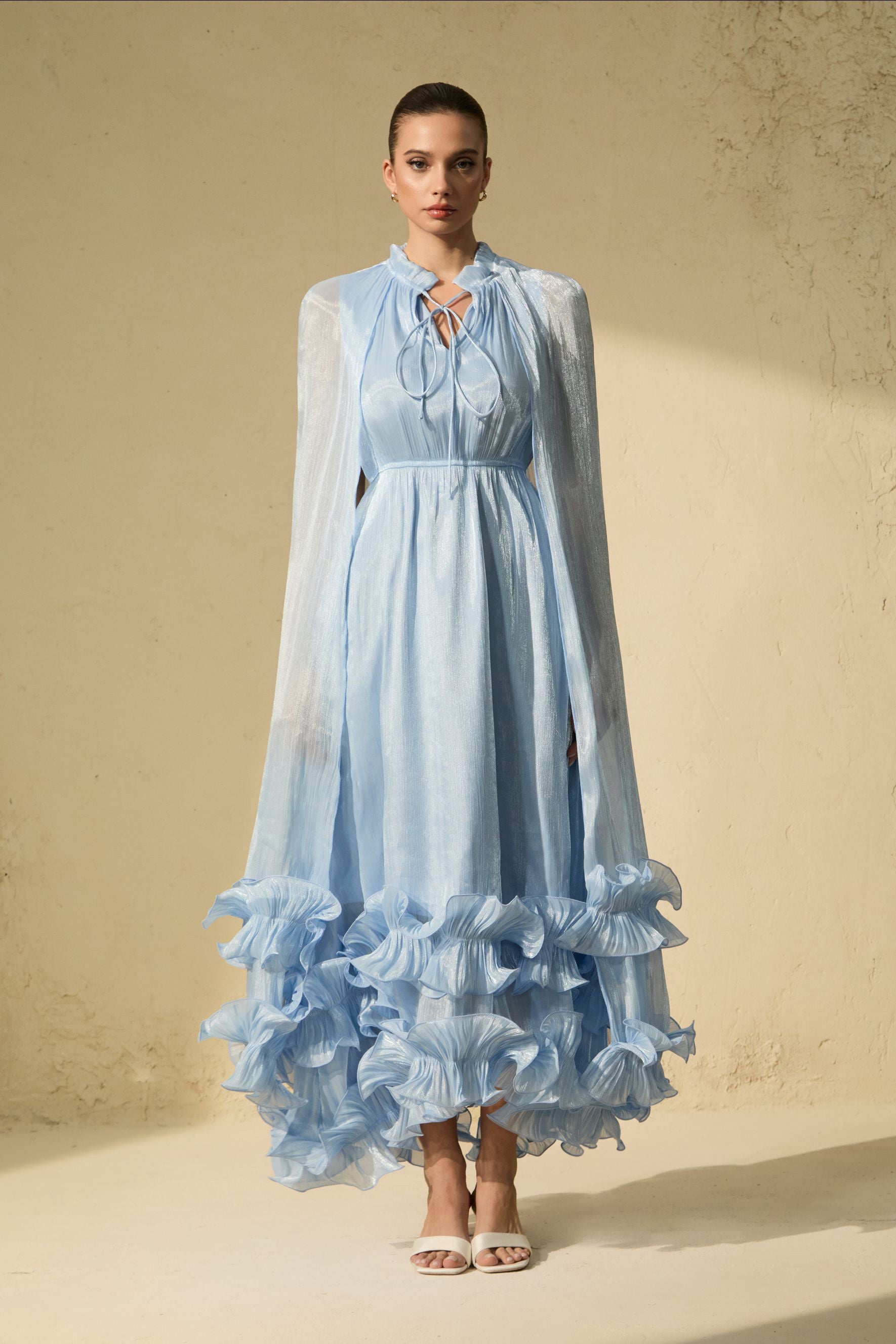 Chic Blue Ruffled Cape Midi Dress