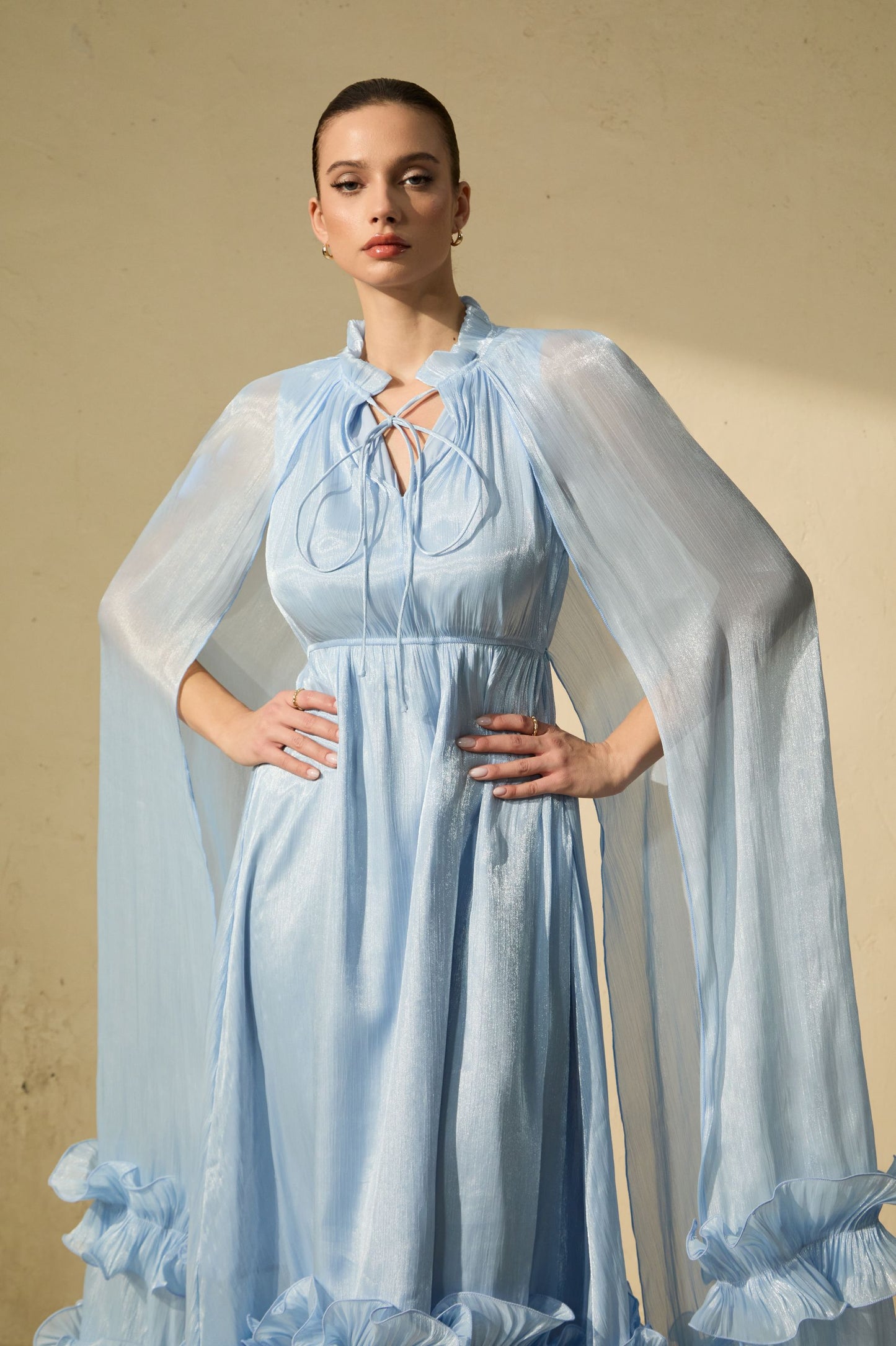 Chic Blue Ruffled Cape Midi Dress