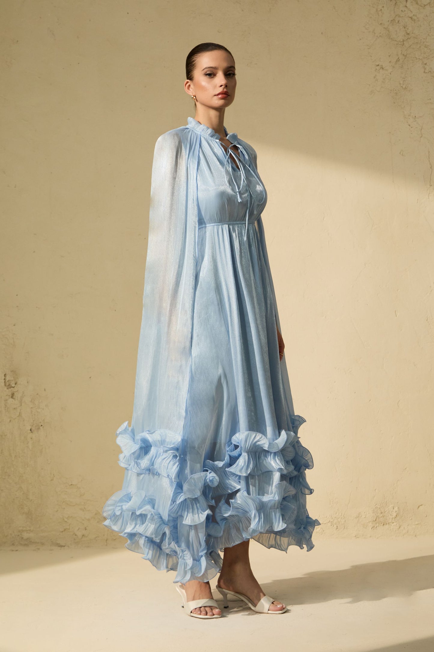 Chic Blue Ruffled Cape Midi Dress