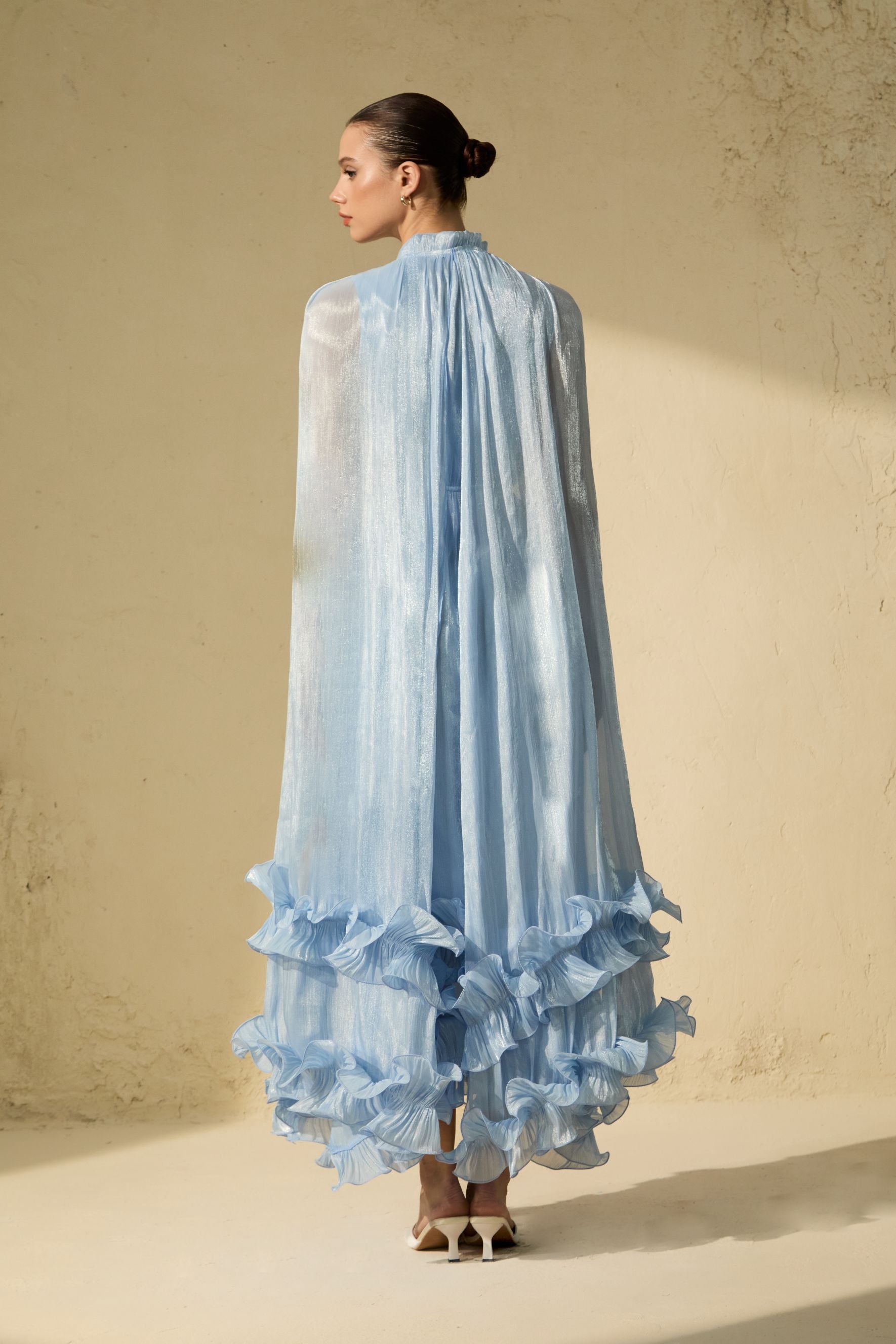 Chic Blue Ruffled Cape Midi Dress