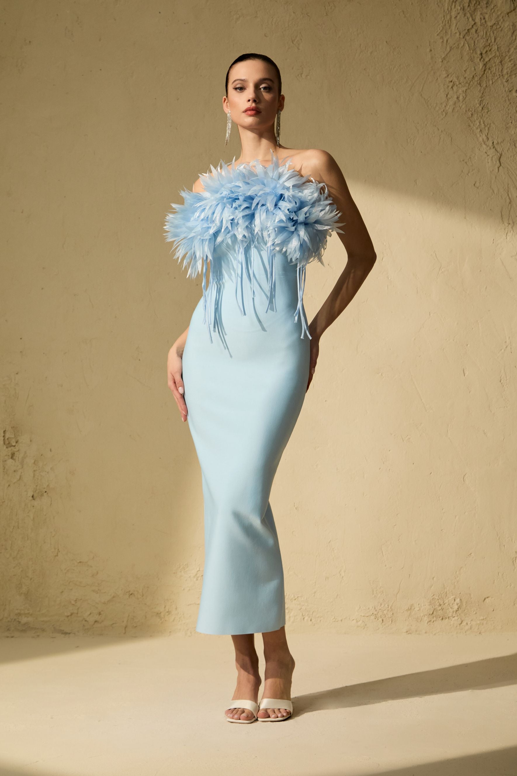 Chic Blue Strapless Petal Applique Midi Dress