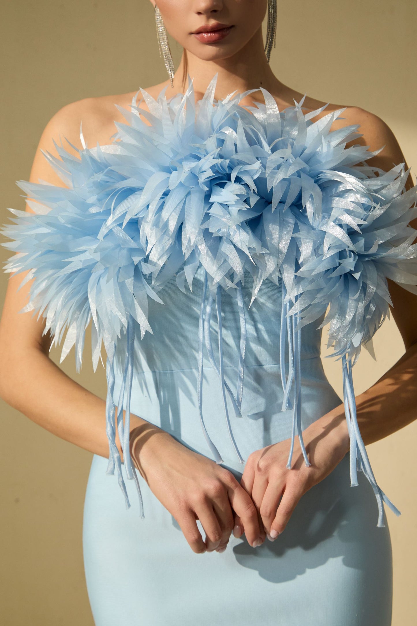 Chic Blue Strapless Petal Applique Midi Dress