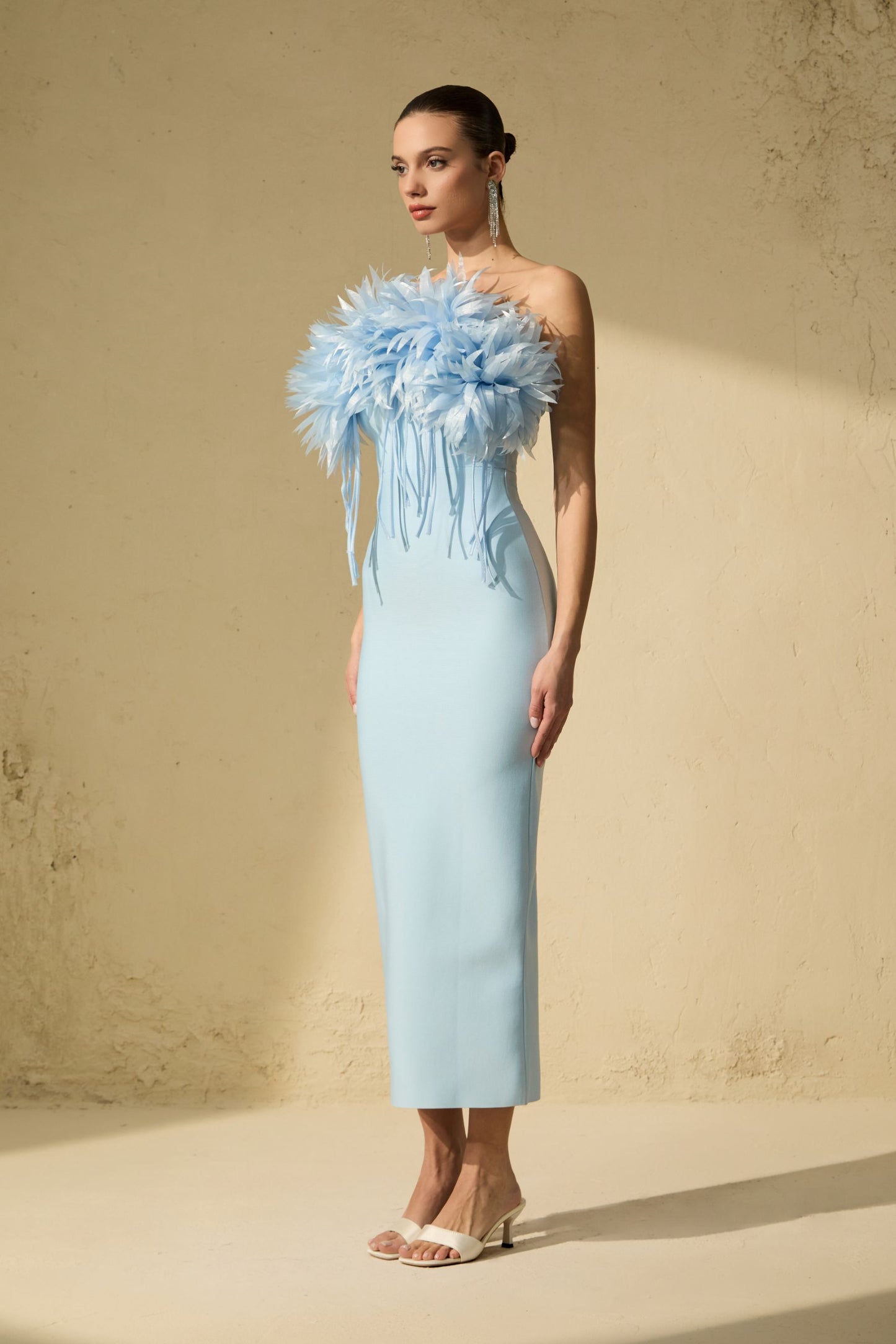 Chic Blue Strapless Petal Applique Midi Dress