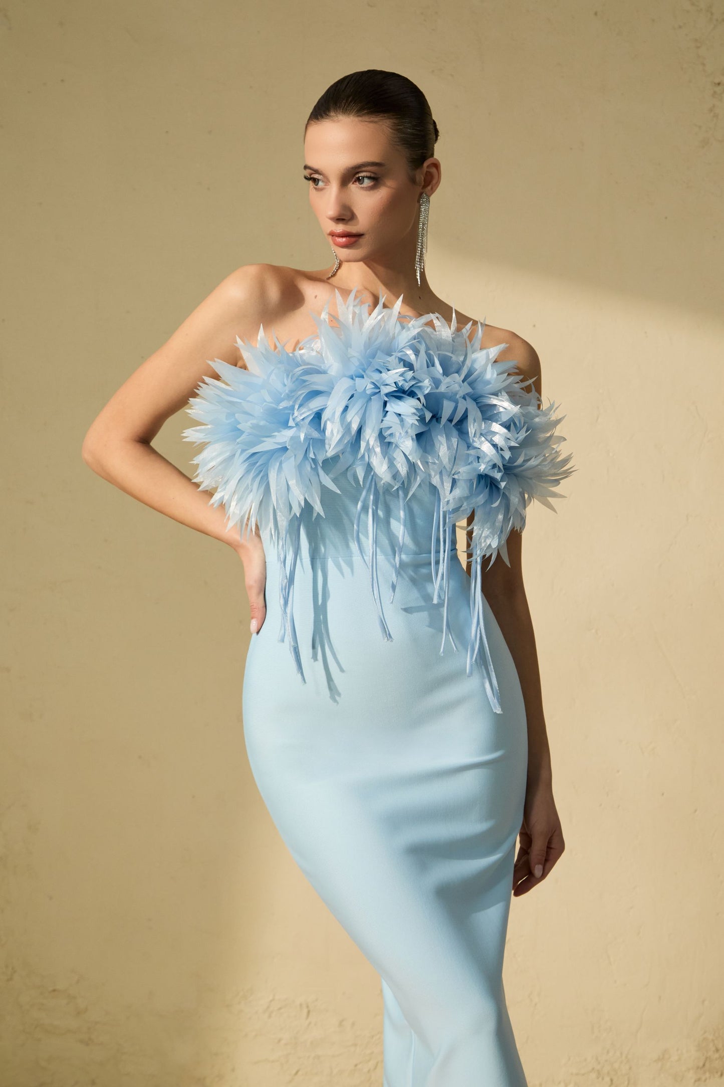 Chic Blue Strapless Petal Applique Midi Dress