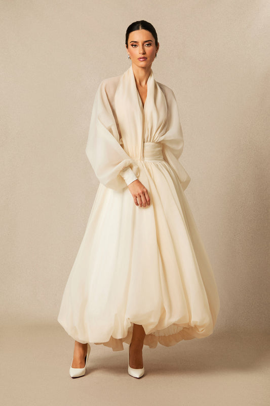 Chic Deep V-Neck Puff Sleeve Maxi Dress