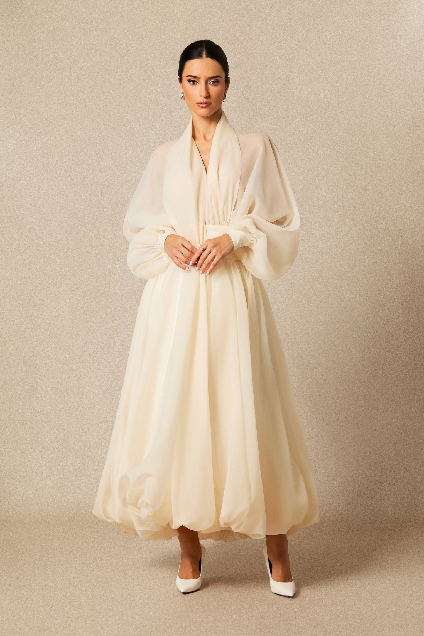 Chic Deep V-Neck Puff Sleeve Maxi Dress