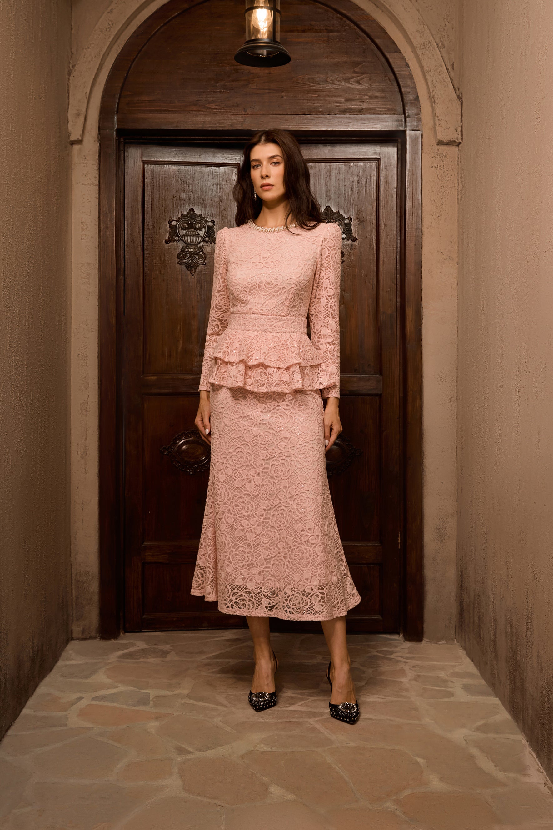 Chic Pink Embroidered Lace Ruffled Midi Dress