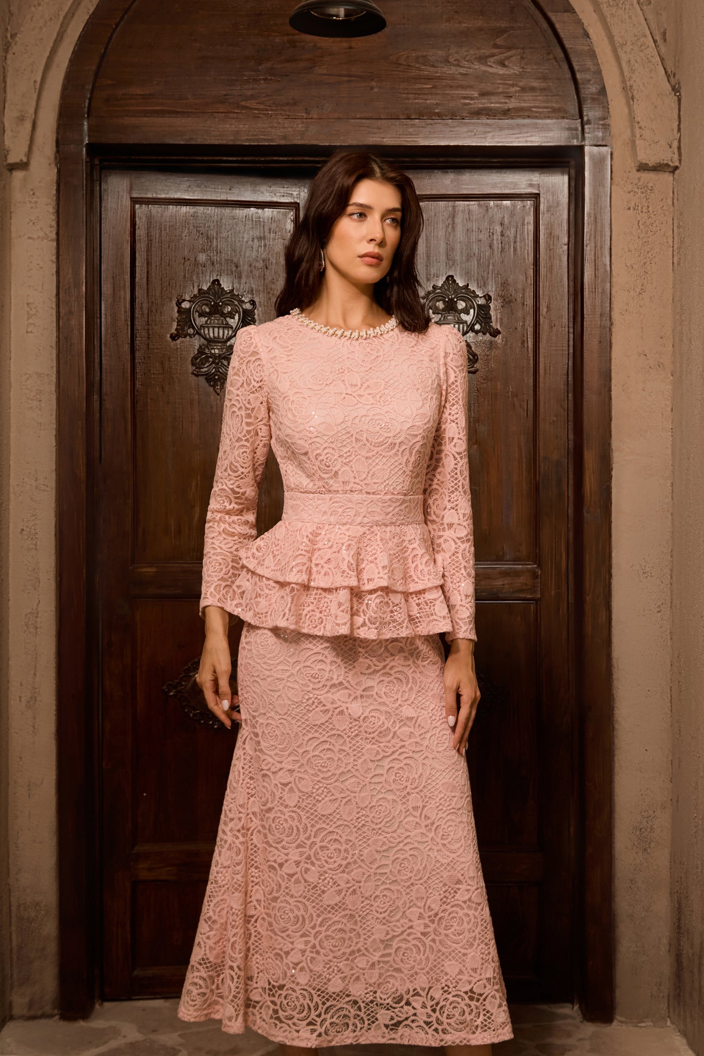 Chic Pink Embroidered Lace Ruffled Midi Dress