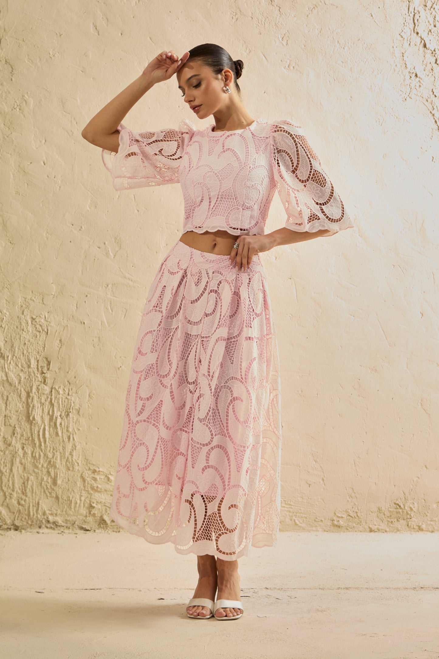 Chic Pink Lace Bell Sleeve Top & Midi Skirt Set
