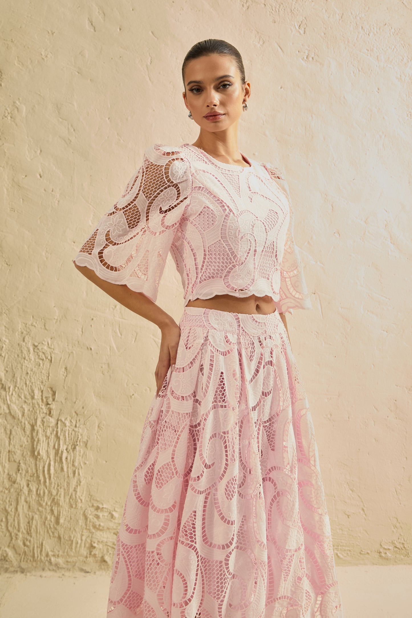 Chic Pink Lace Bell Sleeve Top & Midi Skirt Set