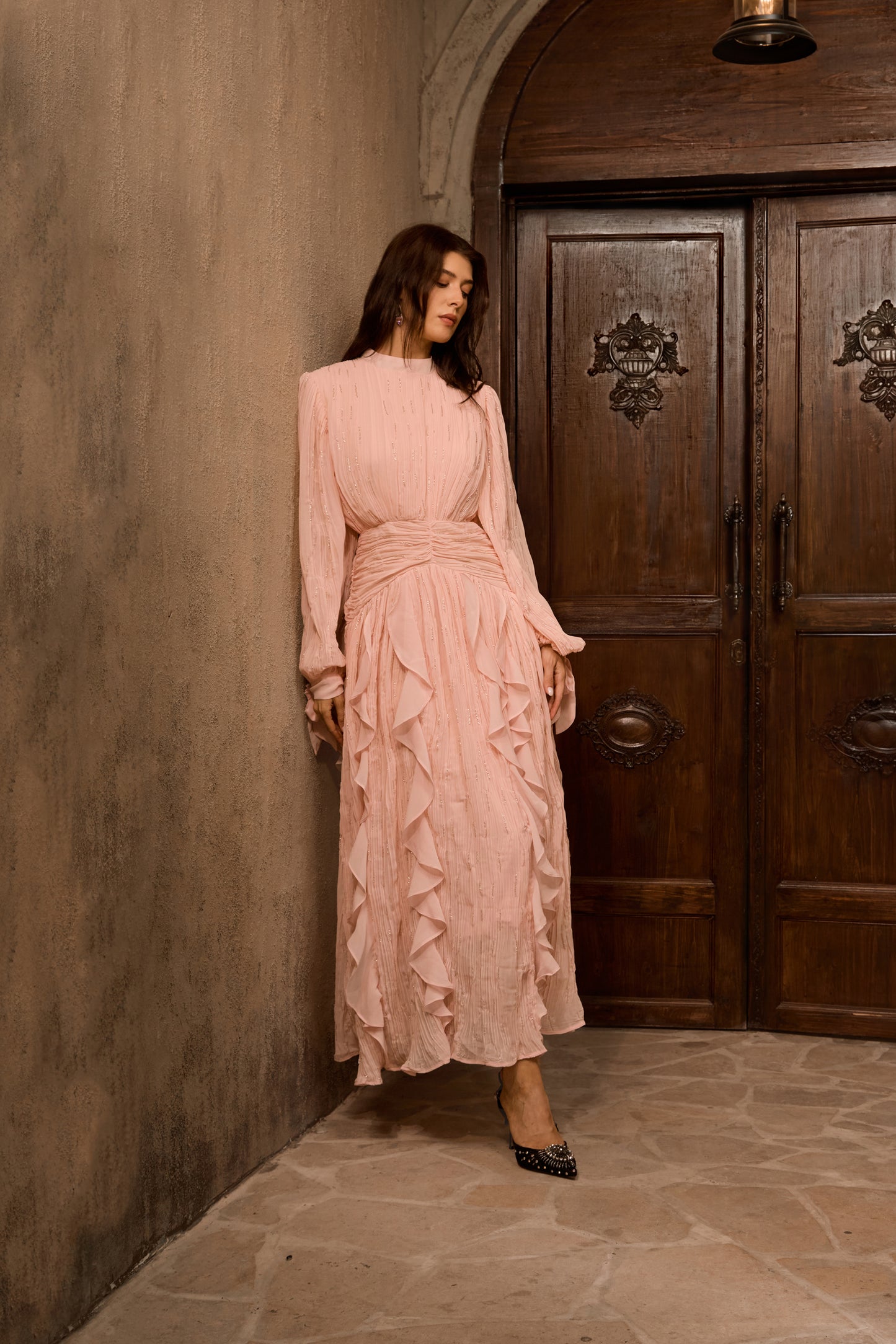Chic Pink Ruffled Maxi Dress