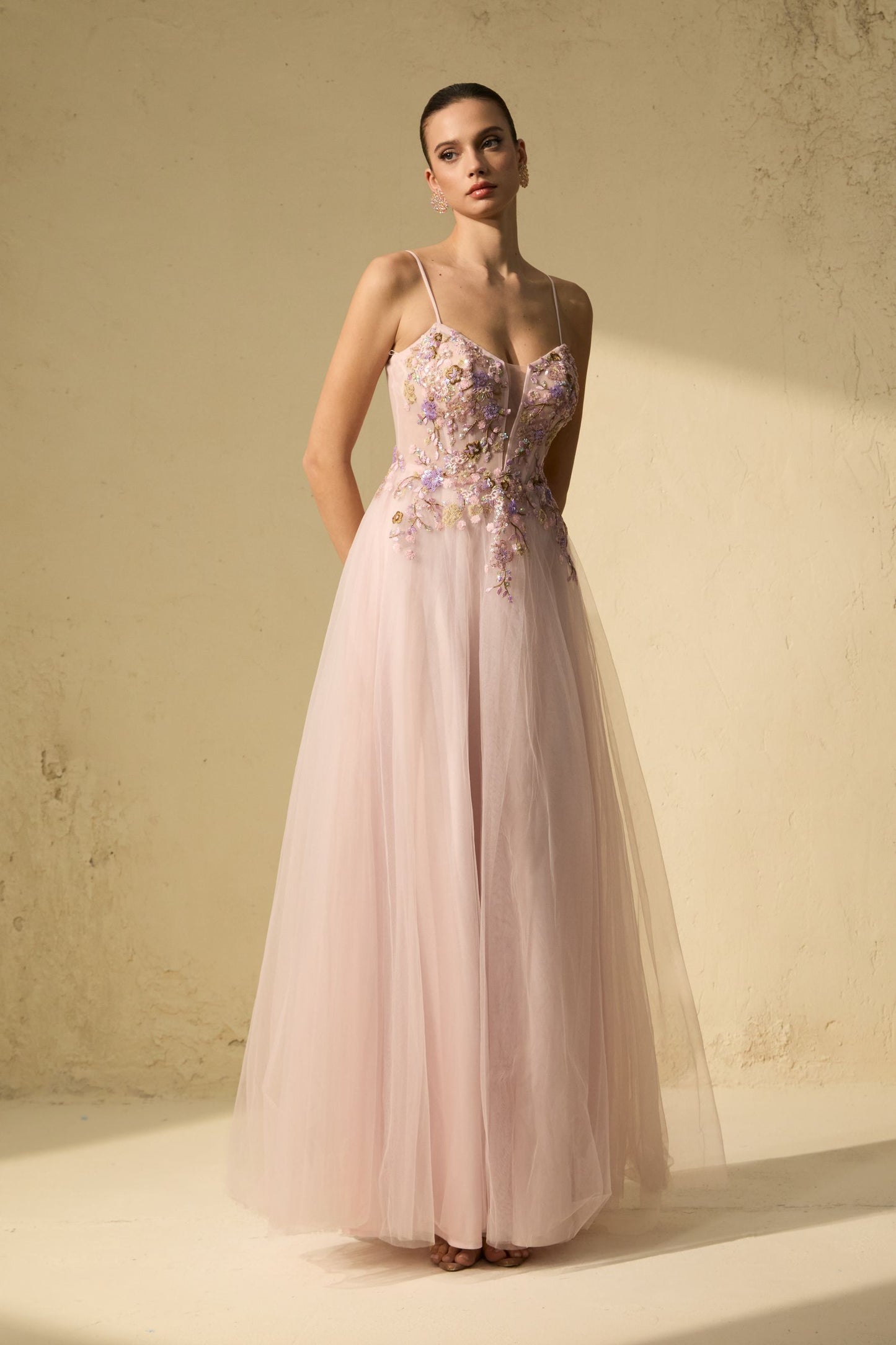 Chic Pink Tulle Embroidered Maxi Dress