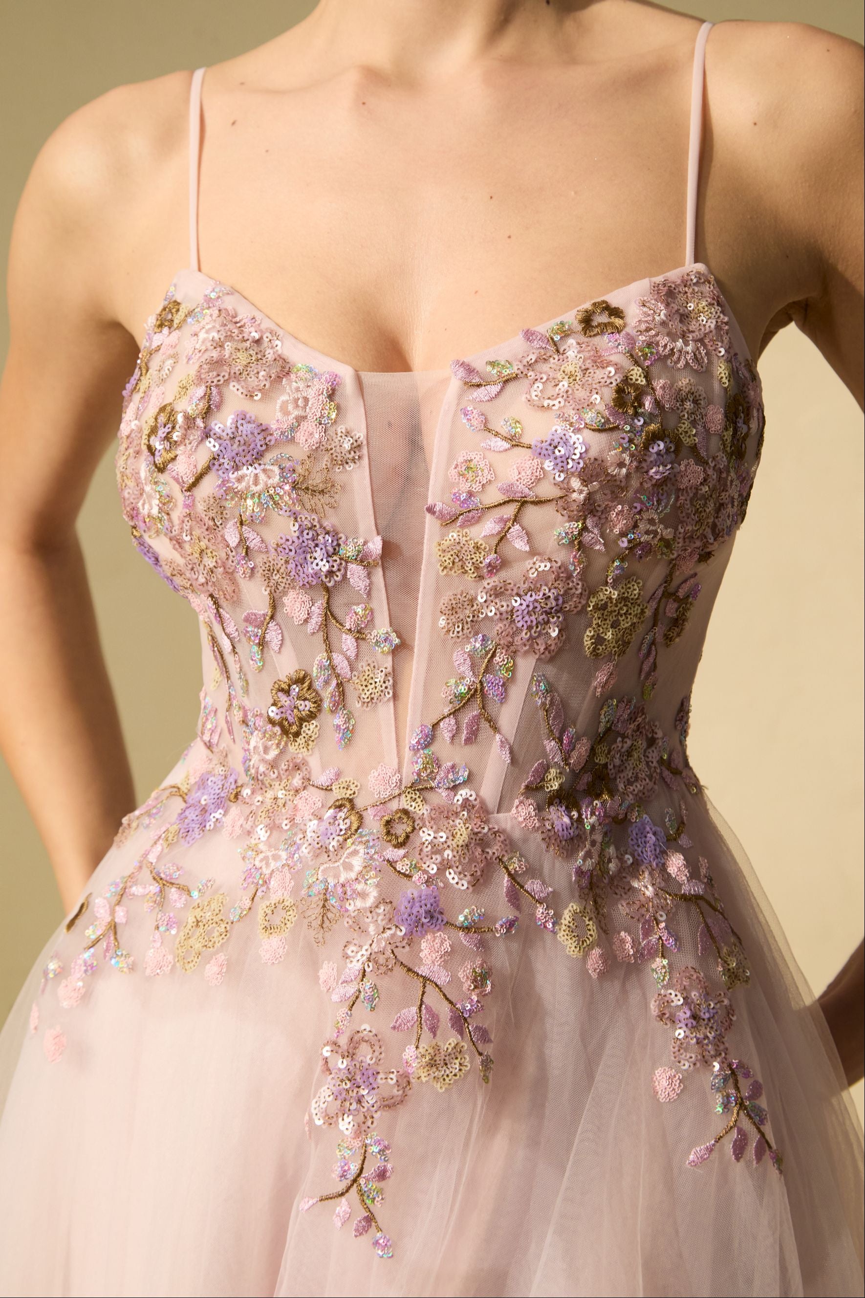 Chic Pink Tulle Embroidered Maxi Dress