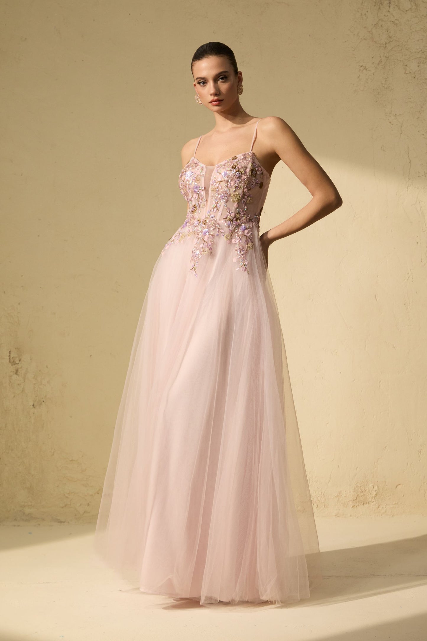 Chic Pink Tulle Embroidered Maxi Dress