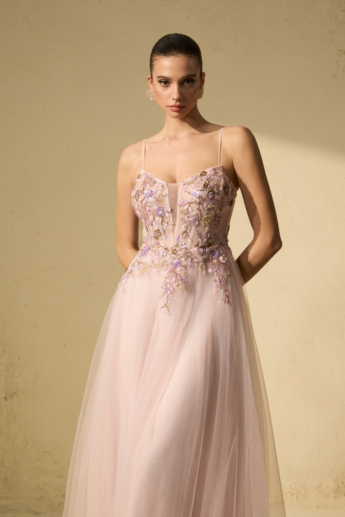 Chic Pink Tulle Embroidered Maxi Dress