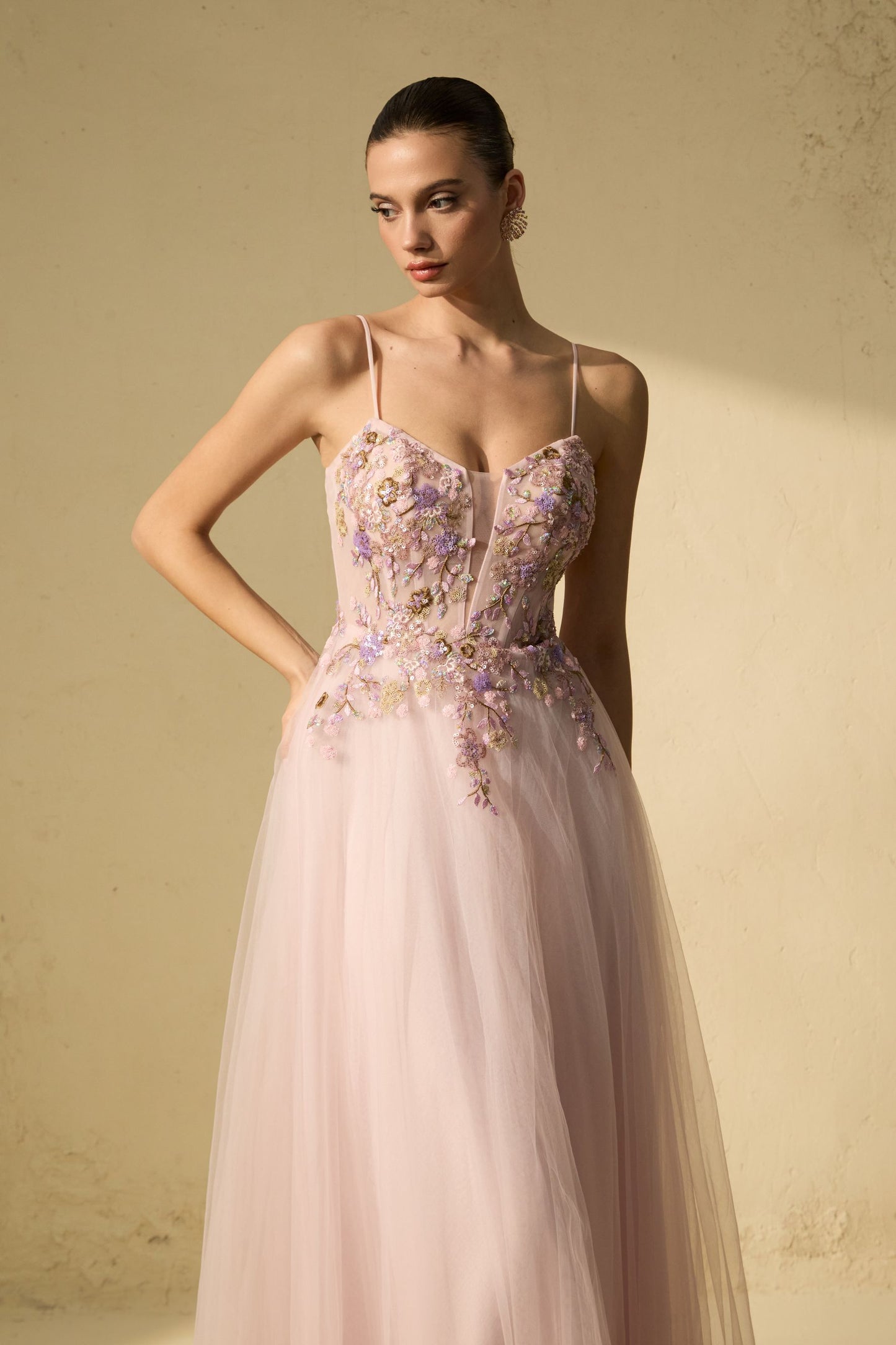 Chic Pink Tulle Embroidered Maxi Dress