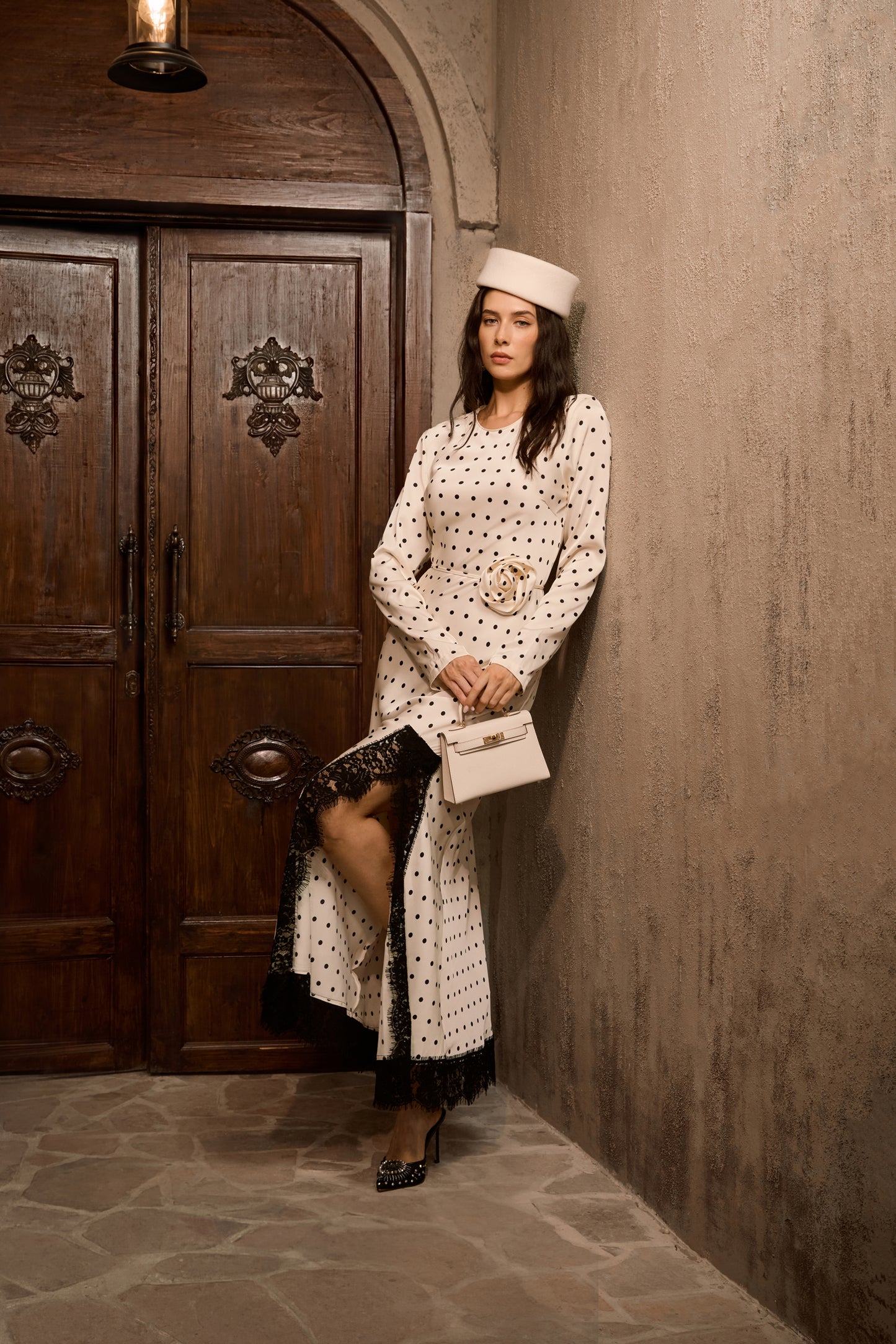 Chic Polka Dot Lace Slit Maxi Dress