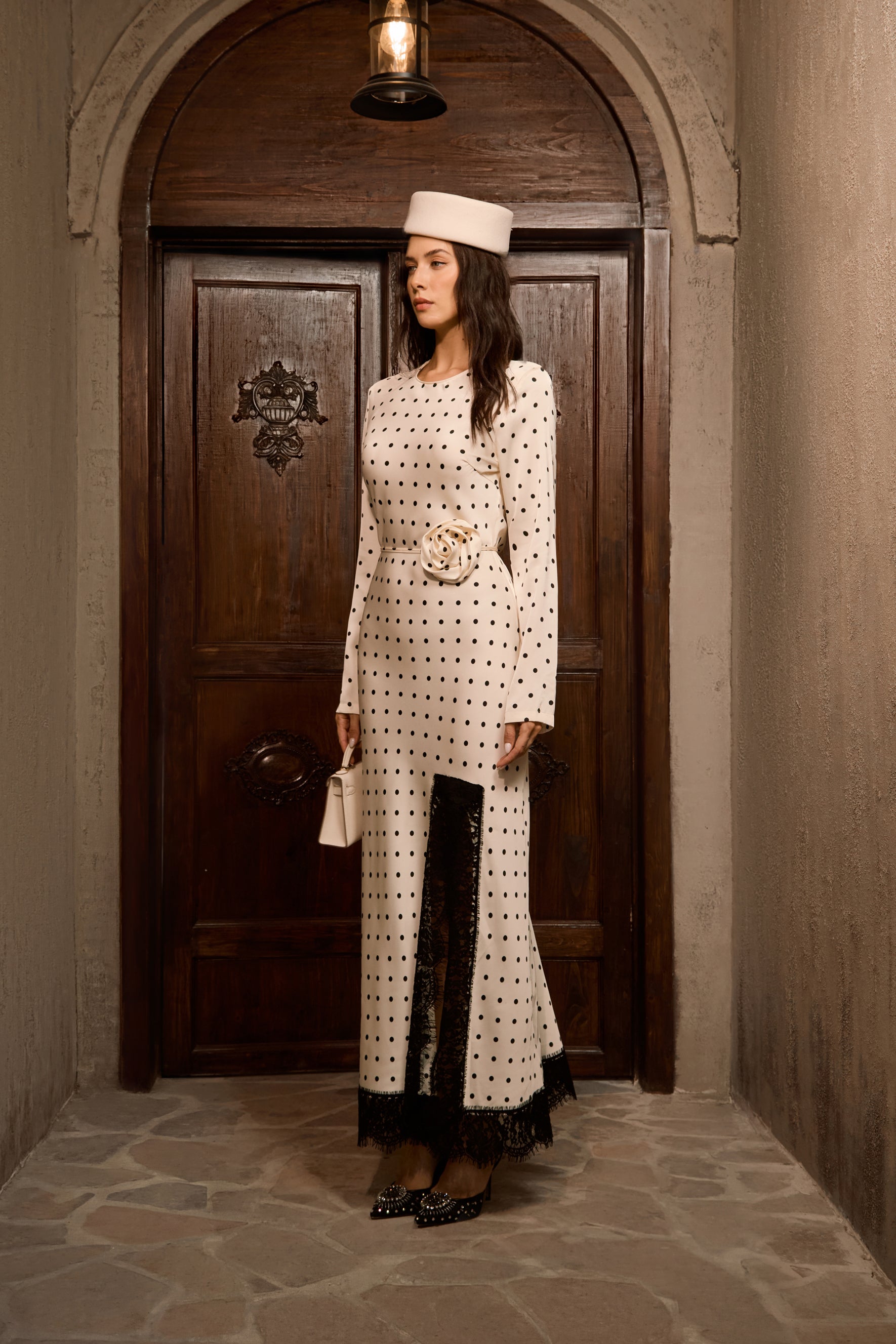 Chic Polka Dot Lace Slit Maxi Dress