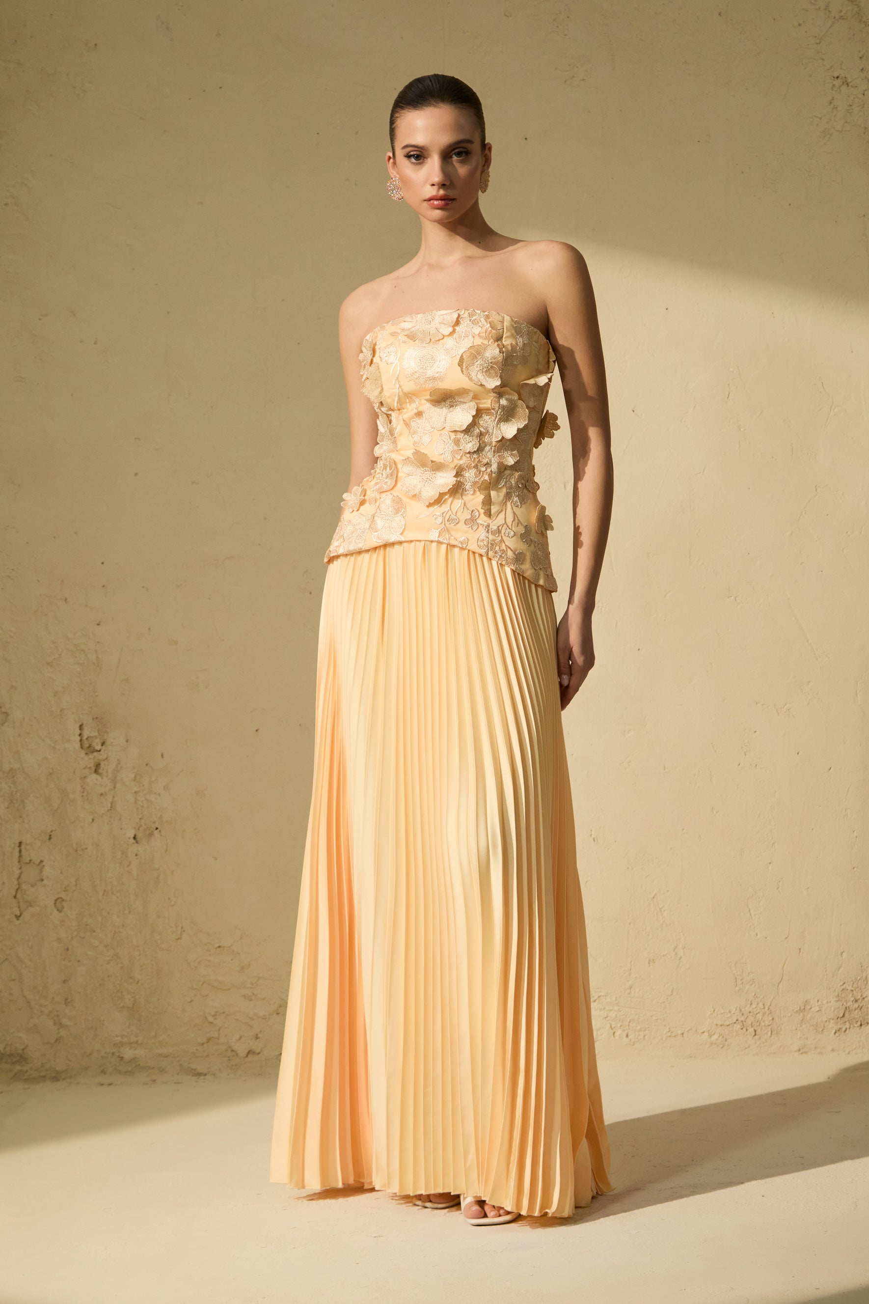 Chic Yellow Floral Applique Corset Top & Pleated Skirt Set