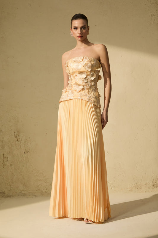 Chic Yellow Floral Applique Corset Top & Pleated Skirt Set