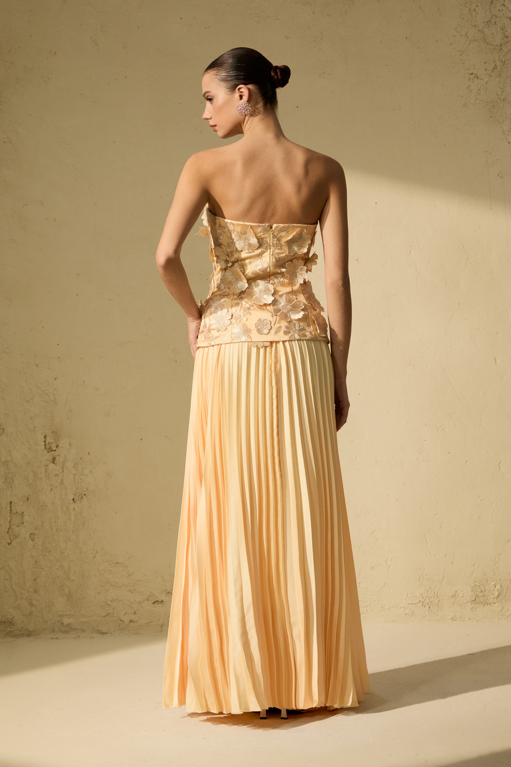 Chic Yellow Floral Applique Corset Top & Pleated Skirt Set