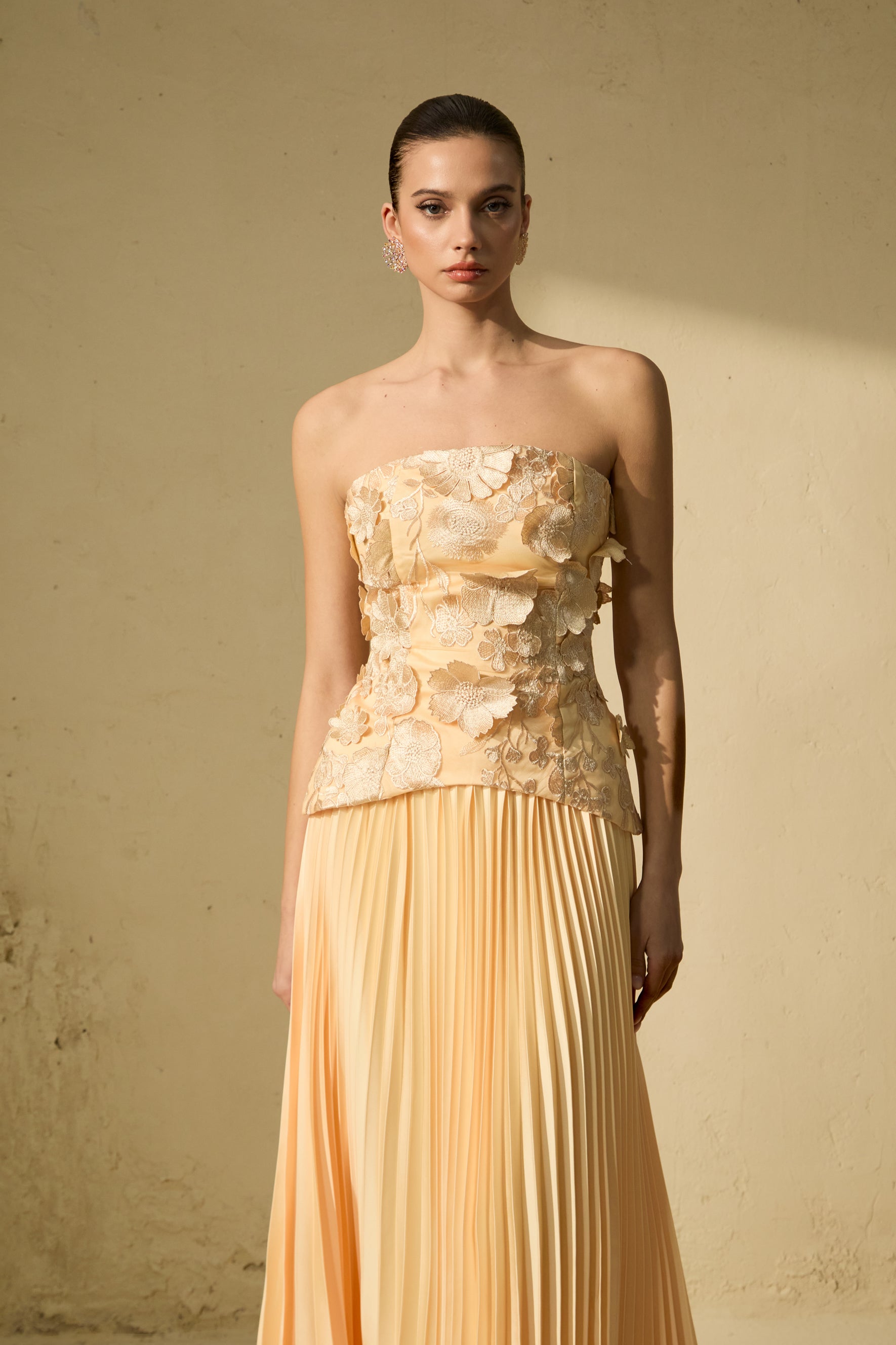 Chic Yellow Floral Applique Corset Top & Pleated Skirt Set