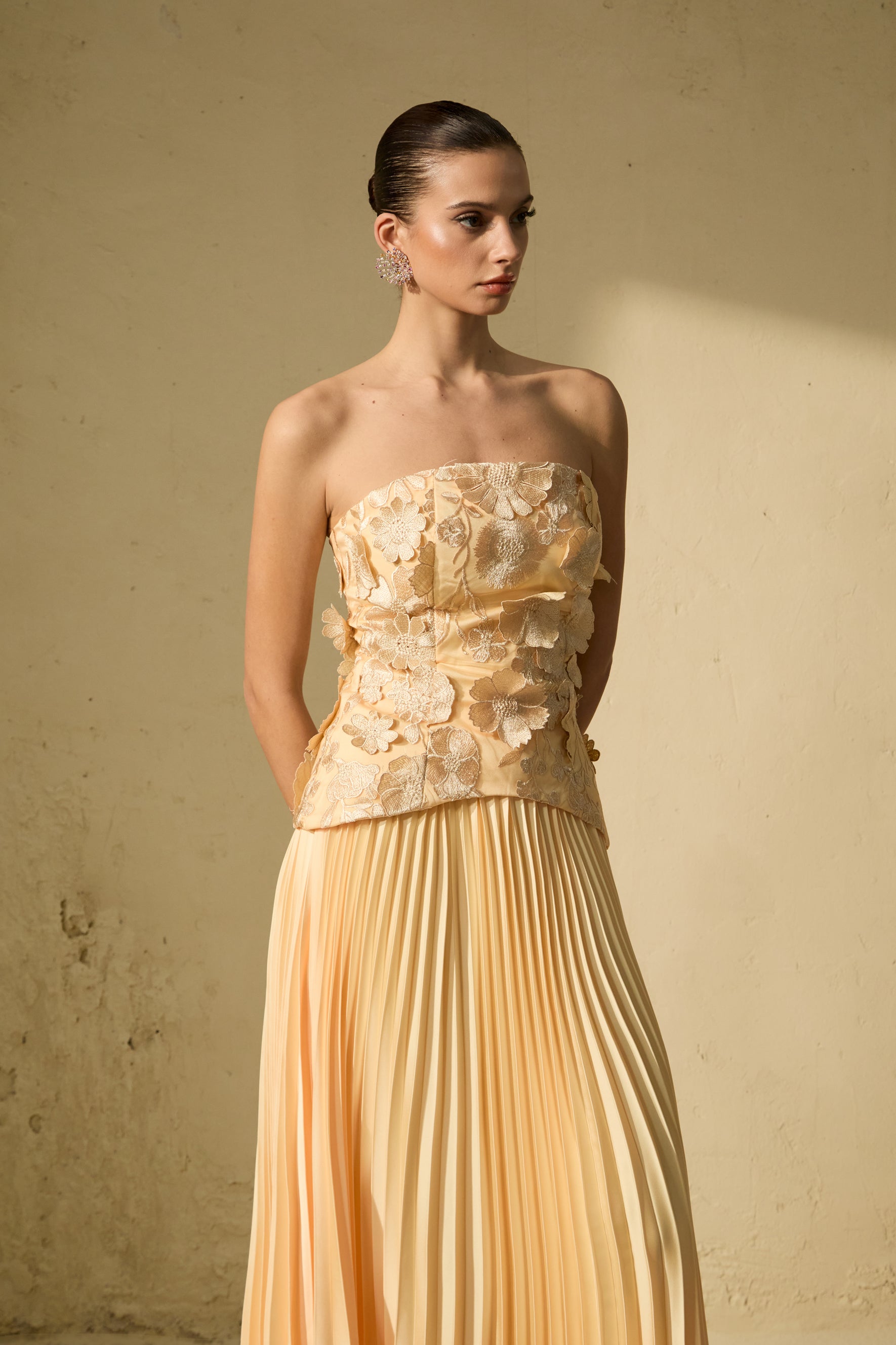 Chic Yellow Floral Applique Corset Top & Pleated Skirt Set