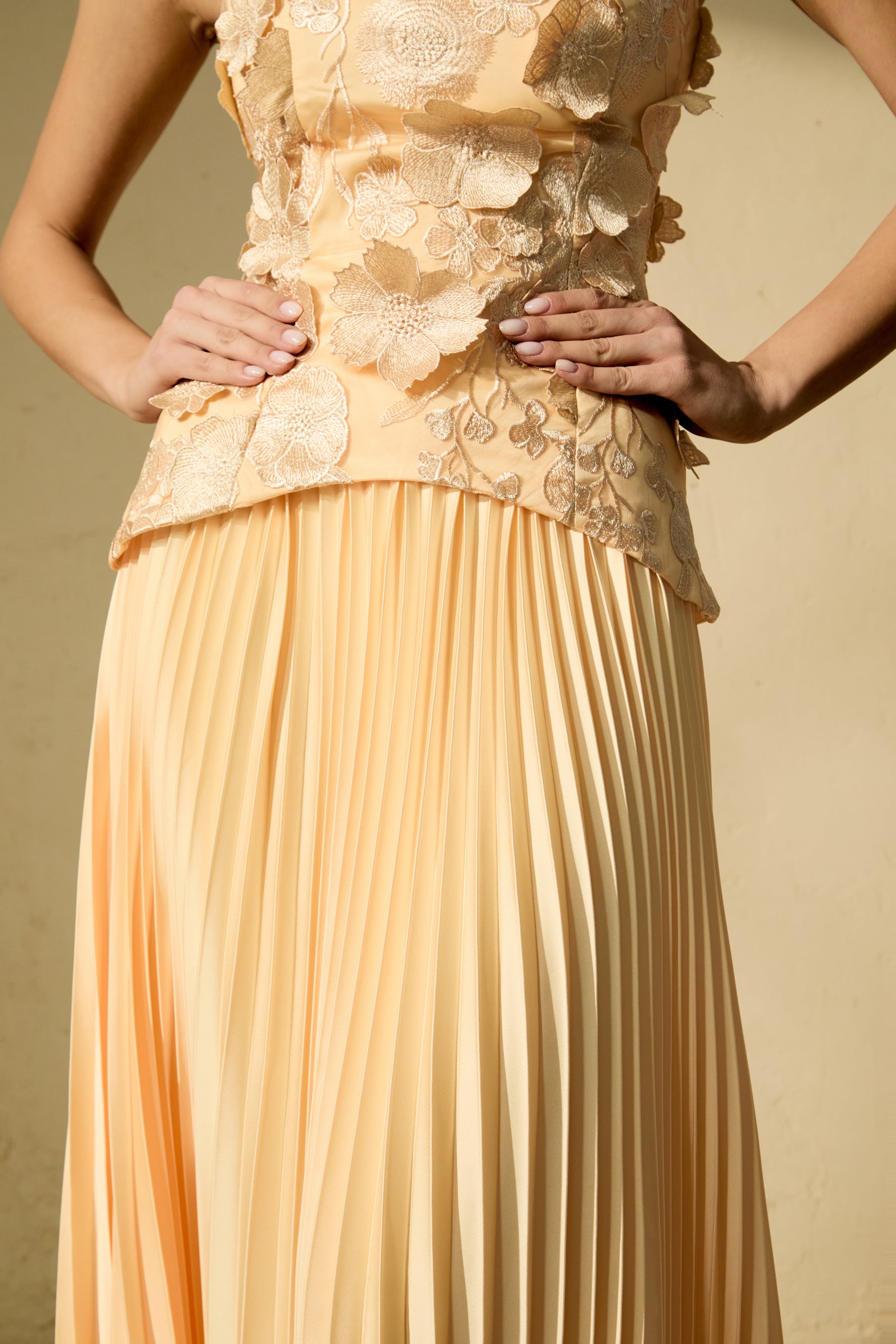 Chic Yellow Floral Applique Corset Top & Pleated Skirt Set